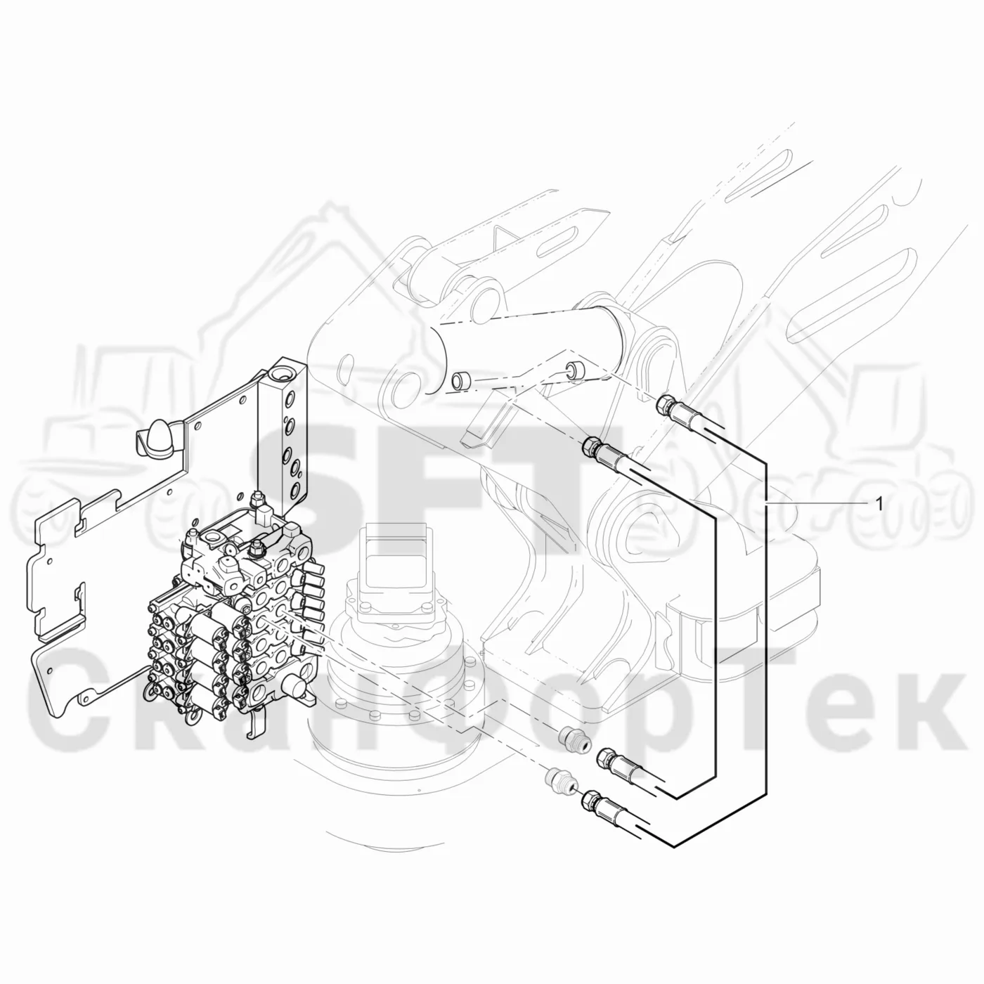 Схема: Komatsu / Лесозаготовительные машины / 911.5 / Каталог запасных частей / Подъемный кран / Прокладка шланга / Подъемный цилиндр гидравлики