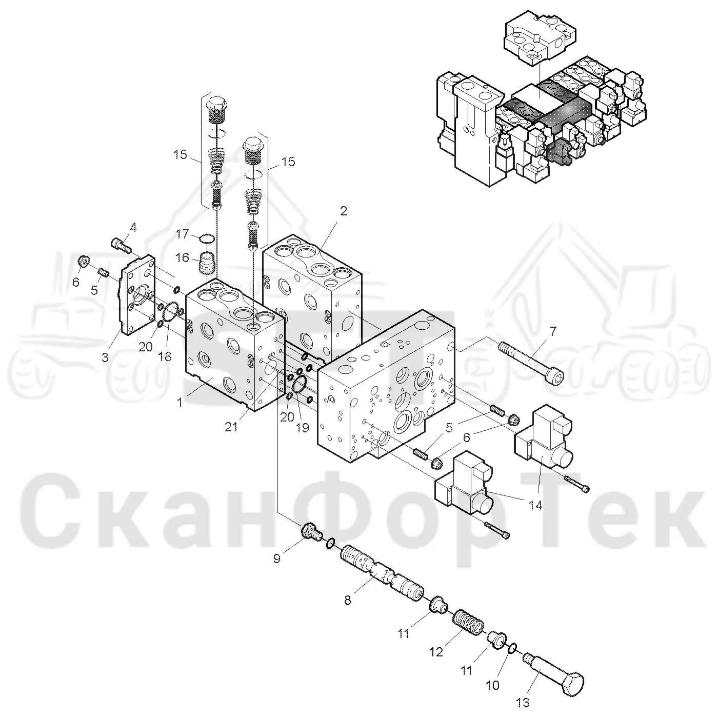 Схема: Valmet / Лесозаготовительные машины / Valmet 901.3 / Valmet 901.3 Ch -311190 / Valmet 901.3 Ch -311190 / Каталог запасных частей / Лесозаготовительное оборудование / Головка лесозаготовительной машины / Valmet 350 / Каталог запасных частей / Гидравлический клапан / Секция клапана Подача питания / Valve section feeding -11290