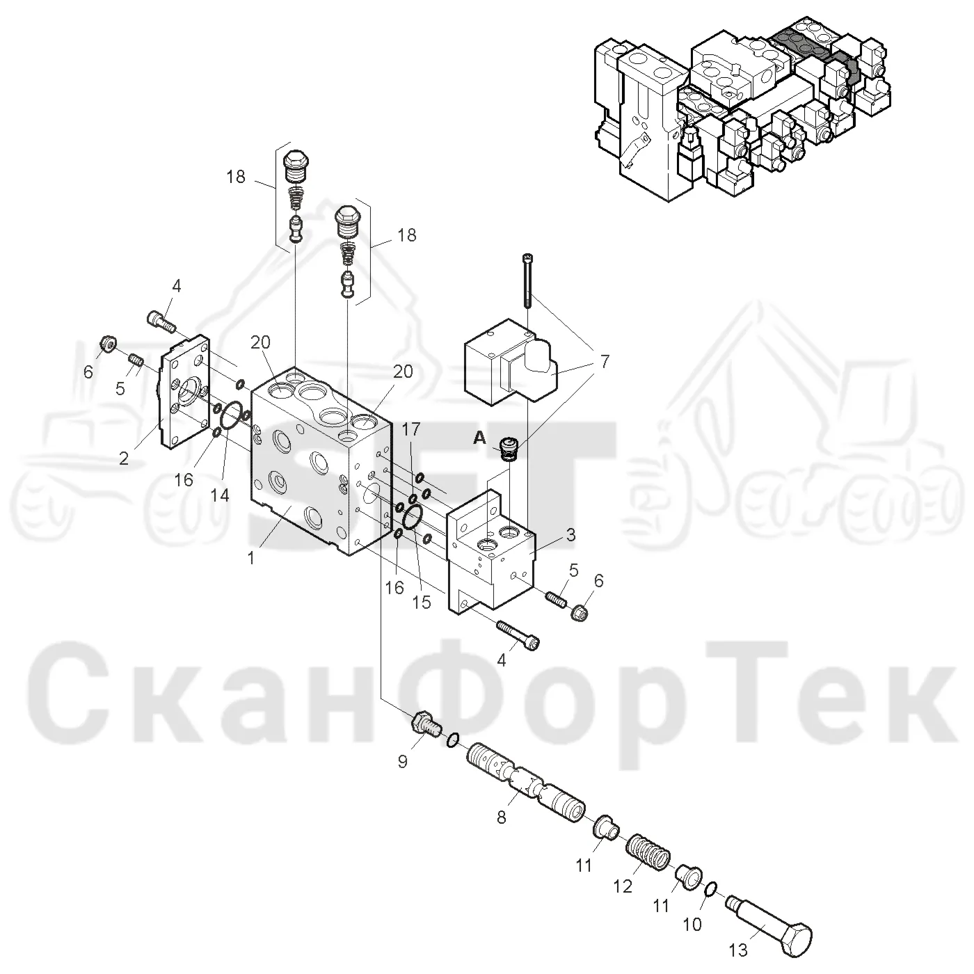 Схема: Valmet / Головки лесозаготовительной машины / Valmet 350 / Valmet 350 / Каталог запасных частей / Гидравлический клапан / Секция клапана Поворотное устройство / Секция клапана Поворотное устройство -11290