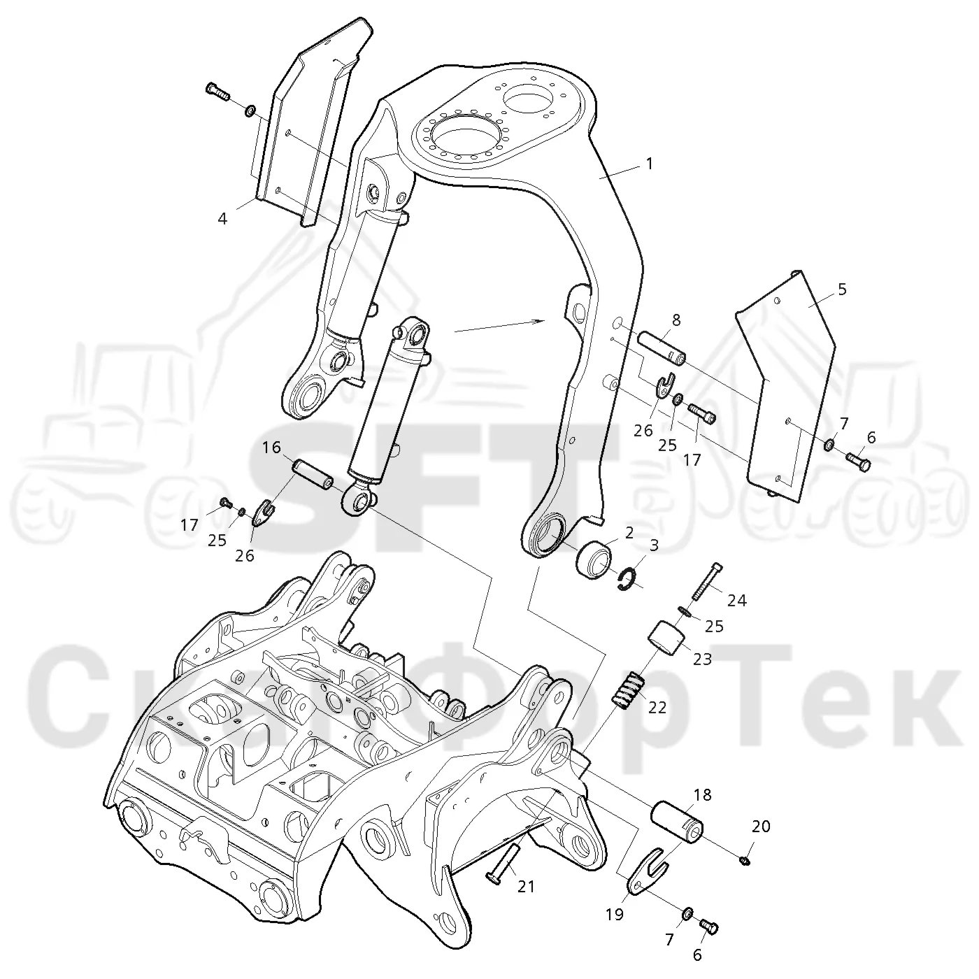 Схема: Valmet / Лесозаготовительные машины / Valmet 901.3 / Valmet 901.3 Ch. 311191- / Valmet 901.3 Ch. 311191- / Каталог запасных частей / Лесозаготовительное оборудование / Головка лесозаготовительной машины / Valmet 350.1 / Каталог запасных частей / шасси / Звено подвески / Звено подвески  111071-