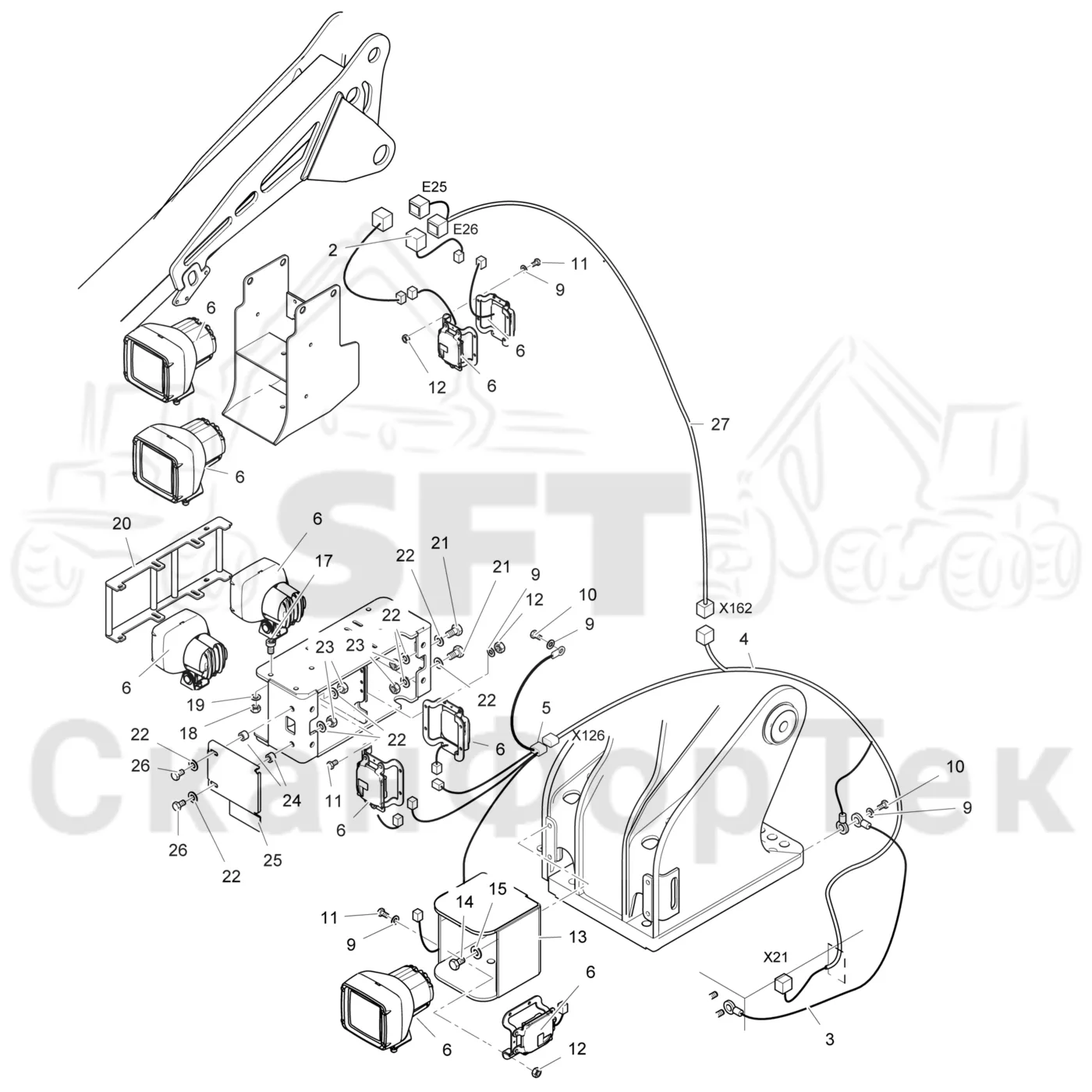 Схема: Komatsu / Лесозаготовительные машины / 901TX .1 / Каталог запасных частей / Подъемный кран / Рабочие лампы / Рабочие лампы ксеноновые