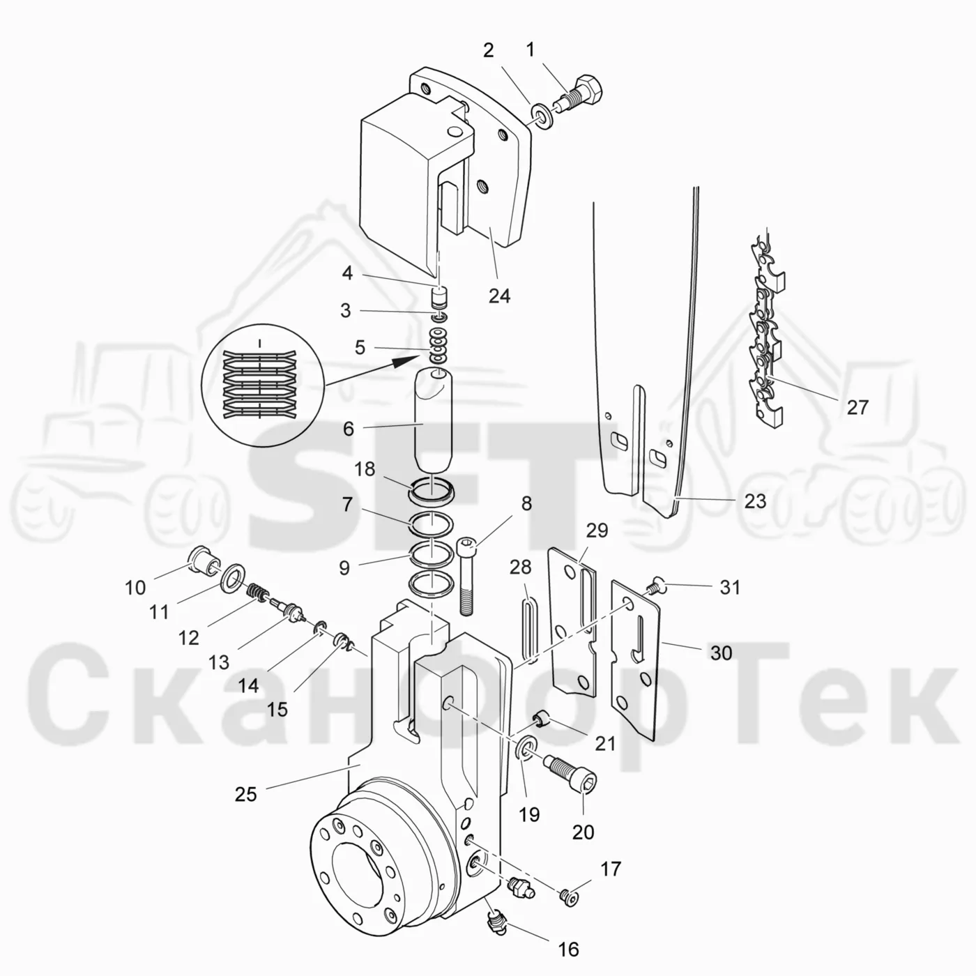 Схема: Valmet / Головки лесозаготовительной машины / Valmet 350.1 / Valmet 350.1 / Каталог запасных частей / Резка / Опора стержня пилы / Опора стержня пилы 111071-