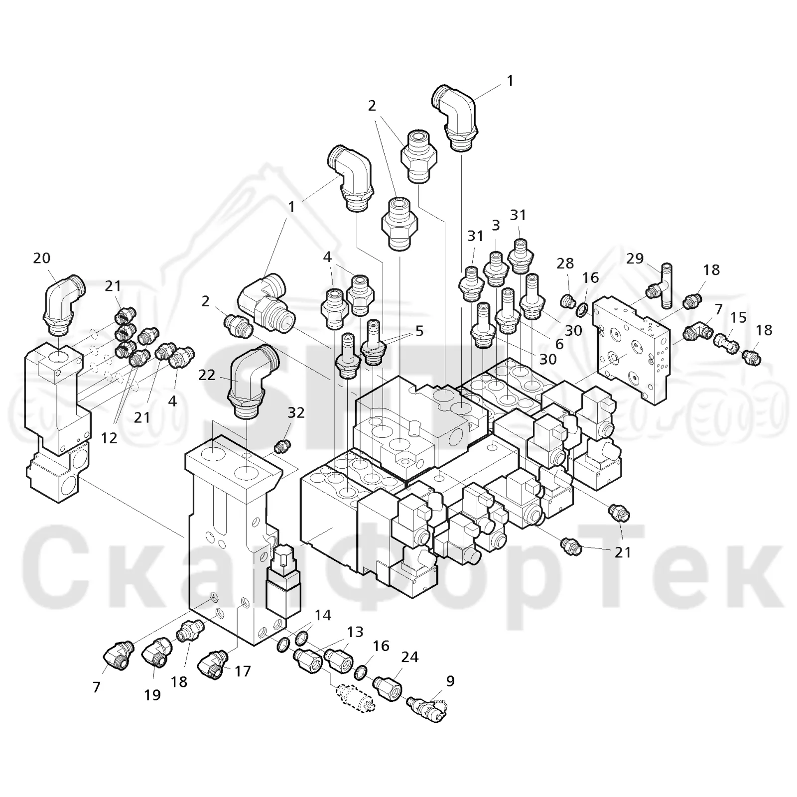 Схема: Valmet / Лесозаготовительные машины / Valmet 901.4 / Valmet 901.4 / Каталог запасных частей / Лесозаготовительное оборудование / Головка лесозаготовительной машины / Valmet 350.1 / Каталог запасных частей / Гидравлический клапан / Узел клапана / Узел клапана 111071-
