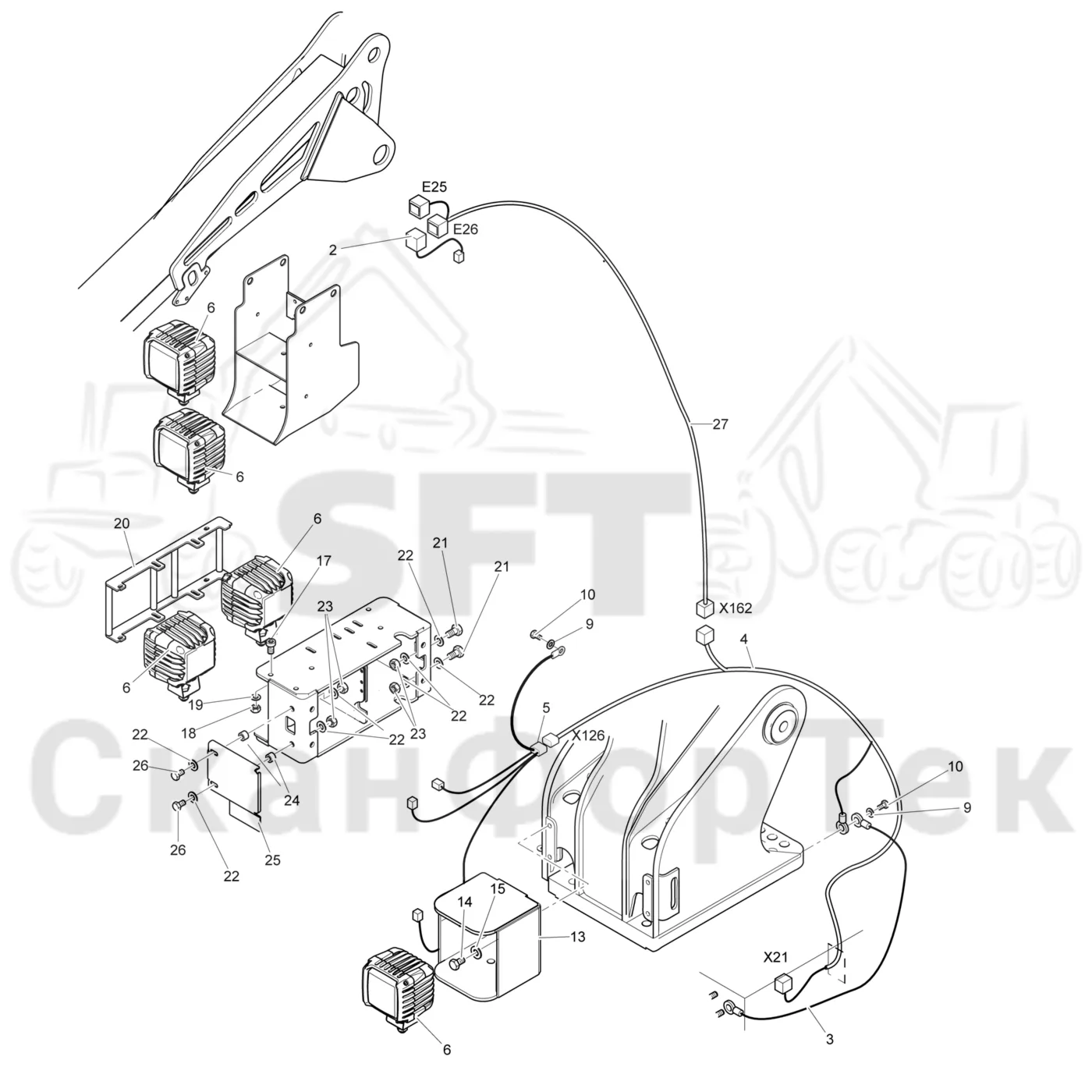 Схема: Komatsu / Лесозаготовительные машины / 901TX .1 / Каталог запасных частей / Подъемный кран / Рабочие лампы / Рабочие лампы LED