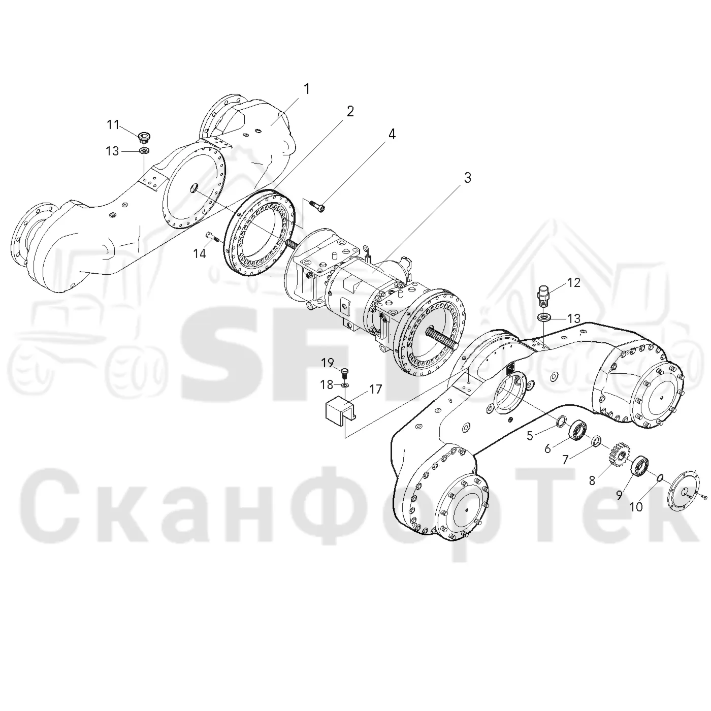Схема: Valmet / Лесозаготовительные машины / Valmet 921.1 / Valmet 921.1   Ch. 113531- / Valmet 921.1   Ch. 113531- / Каталог запасных частей / Коробка передач / Мост каретки / Каретка с поворотными кольцевыми подшипниками