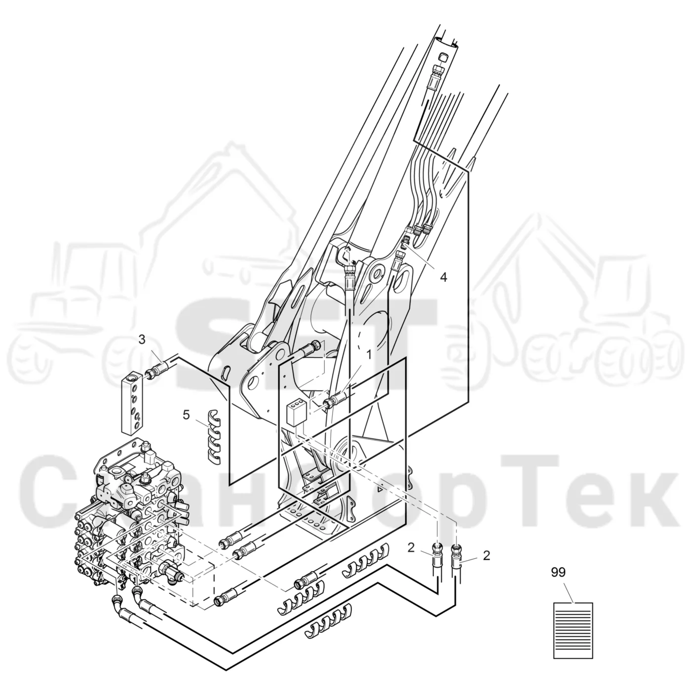 Схема: Komatsu / Лесозаготовительные машины / 901TX / Каталог запасных частей / Подъемный кран / Подвод шланга