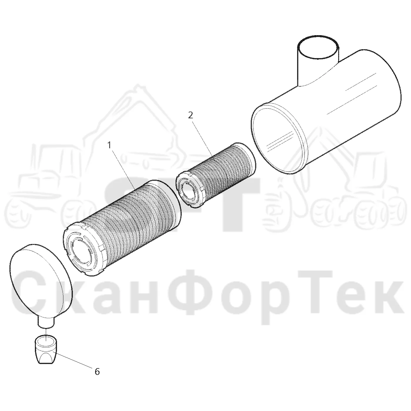 Схема: Komatsu / Лесозаготовительные машины / 901TX / Каталог запасных частей / Двигатель / Впуск - выпуск / Воздушный фильтр