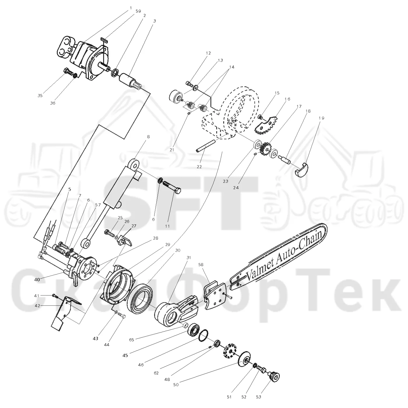 Схема: Valmet / Головки лесозаготовительной машины / Valmet 945 S2 / Valmet 945 S2 / Каталог запасных частей / Valmet 945 S2 / Резка / Устройство натяжения цепи