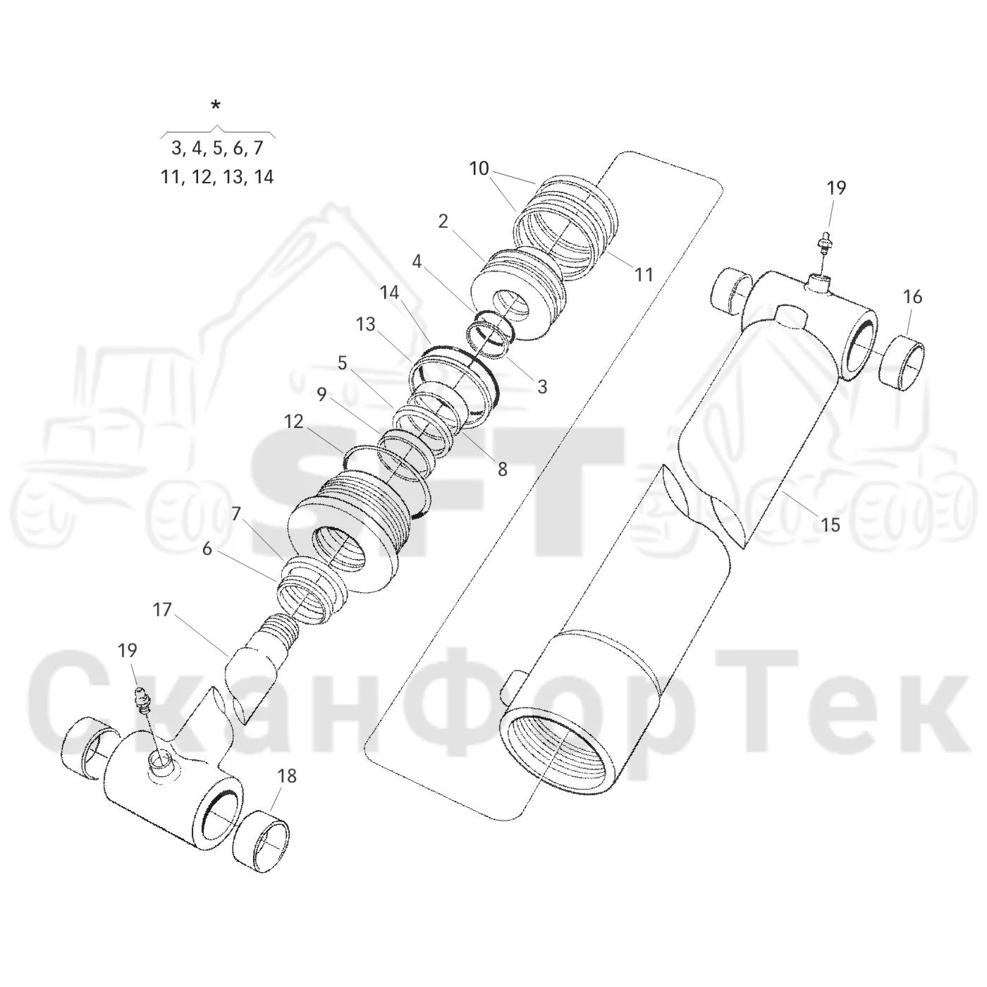 Схема: Valmet / Форвардер / Valmet 890.2 / Valmet 890.2 / Каталог запасных частей / Подъемный кран / Подъемный кран / CRF 14 Ch. -42177 / Каталог запасных частей / Вторая стрела / Цилиндр / Цилиндр внешней стрелы