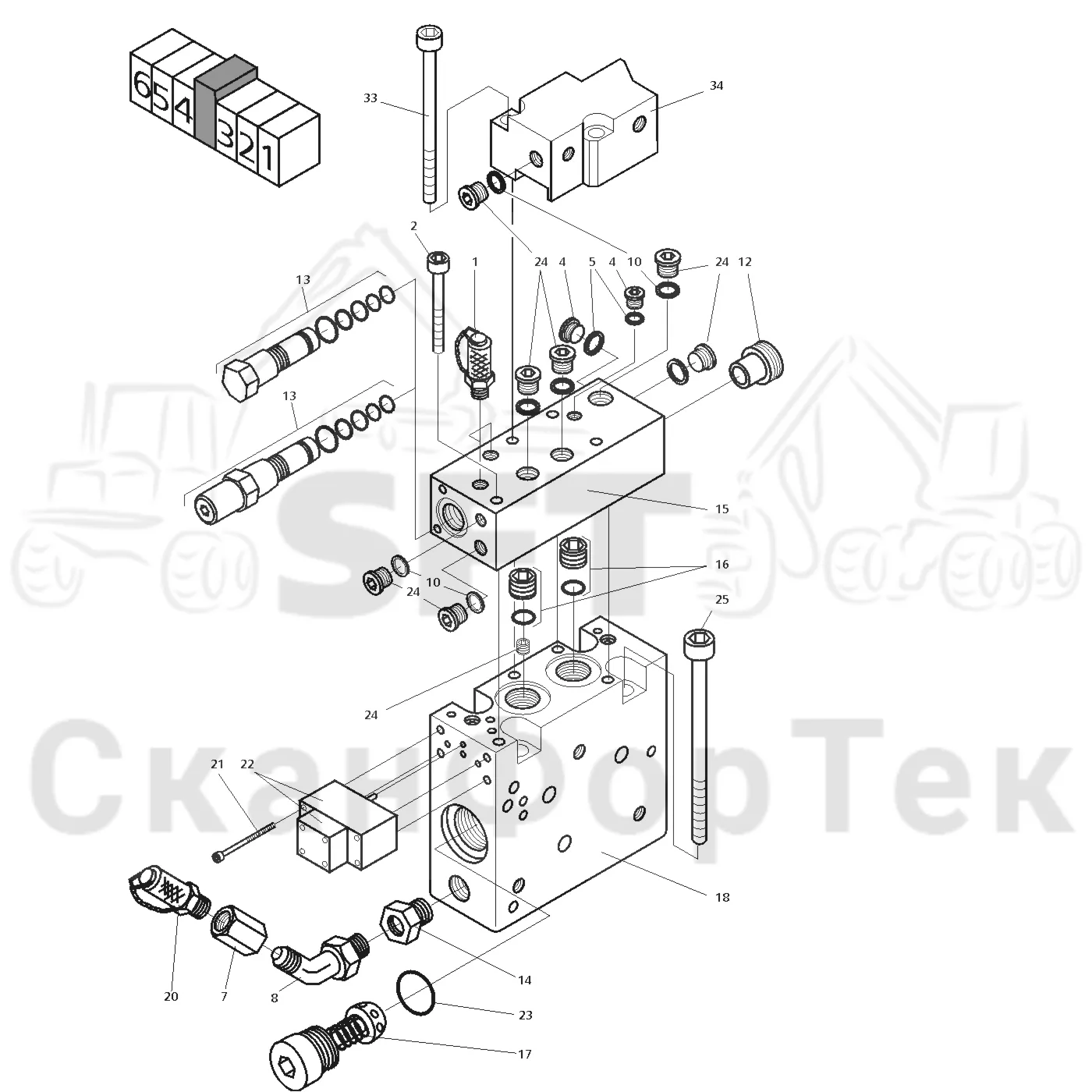 Схема: Valmet / Головки лесозаготовительной машины / Valmet 945 S2 / Valmet 945 S2 / Каталог запасных частей / Valmet 945 S2 / Гидравлический клапан / Valve section inlet-outlet