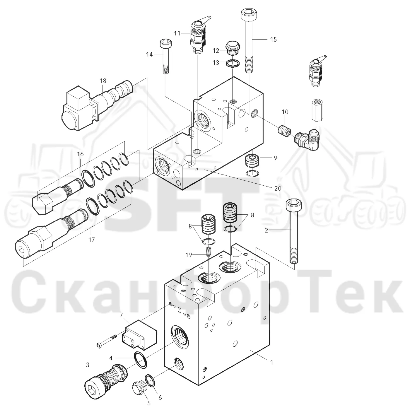 Схема: Valmet / Лесозаготовительные машины / Valmet 901.3 / Valmet 901.3 Ch -311190 / Valmet 901.3 Ch -311190 / Каталог запасных частей / Лесозаготовительное оборудование / Головка лесозаготовительной машины / Valmet 945.1 / Valmet 945.1 / Каталог запасных частей / Гидравлический клапан / Valve section inlet-outlet