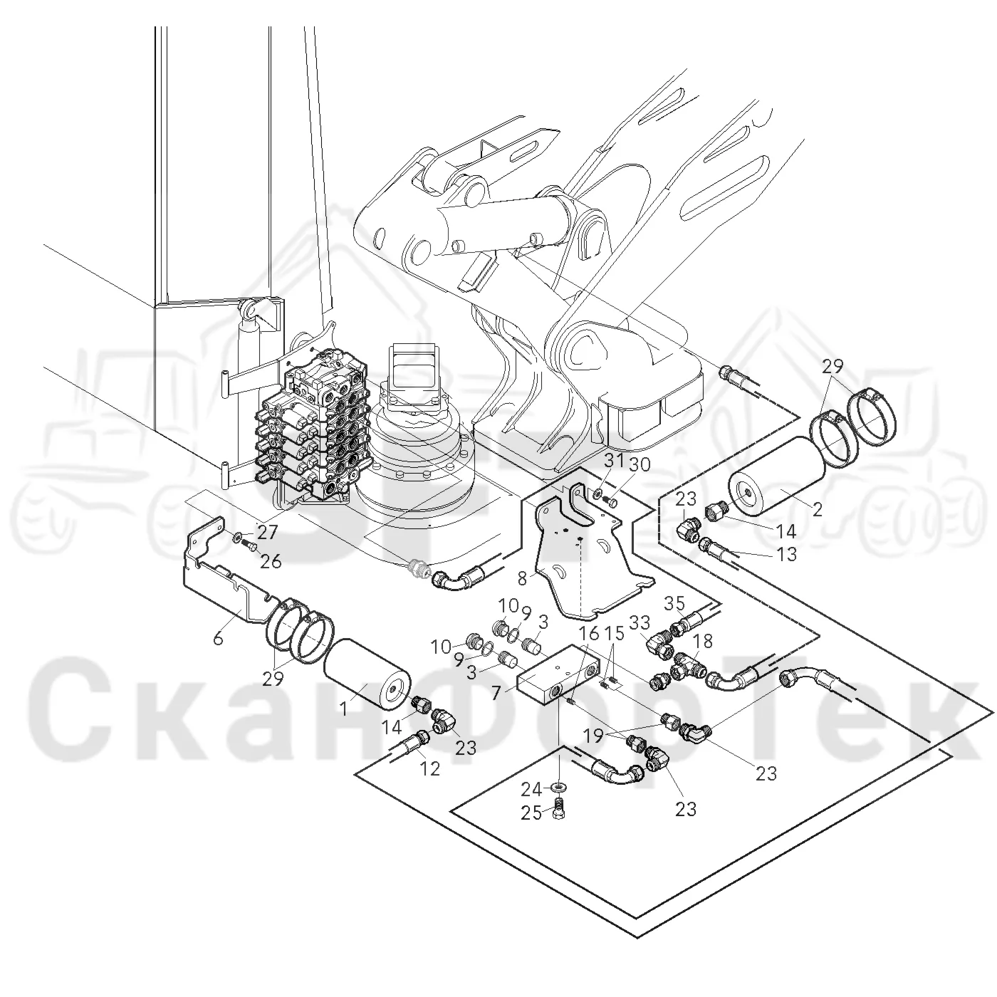Схема: Valmet / Лесозаготовительные машины / Valmet 901.3 / Valmet 901.3 Ch. 311191- / Valmet 901.3 Ch. 311191- / Каталог запасных частей / Подъемный кран / Подвод шланга / Демпфер подъемного крана