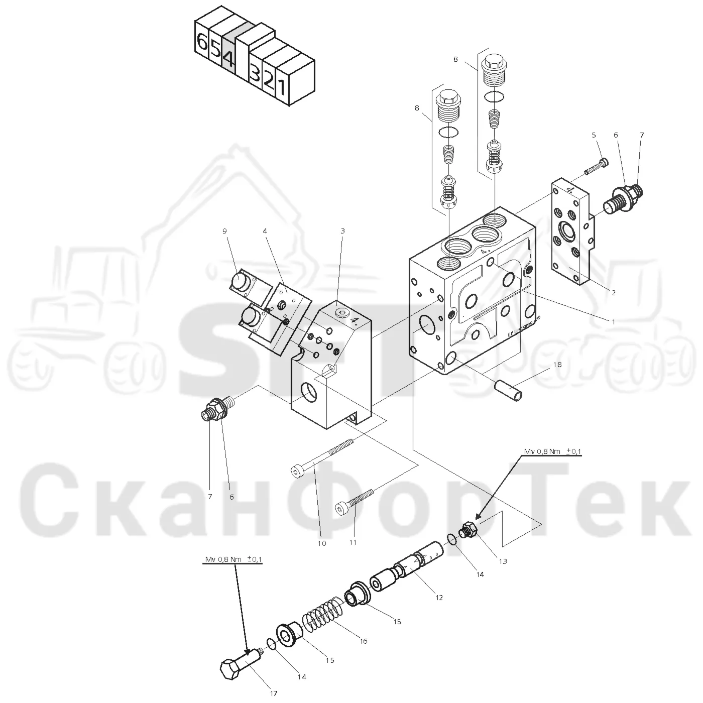 Схема: Valmet / Головки лесозаготовительной машины / Valmet 945 S2 / Valmet 945 S2 / Каталог запасных частей / Valmet 945 S2 / Гидравлический клапан / Клапан 4, питающий