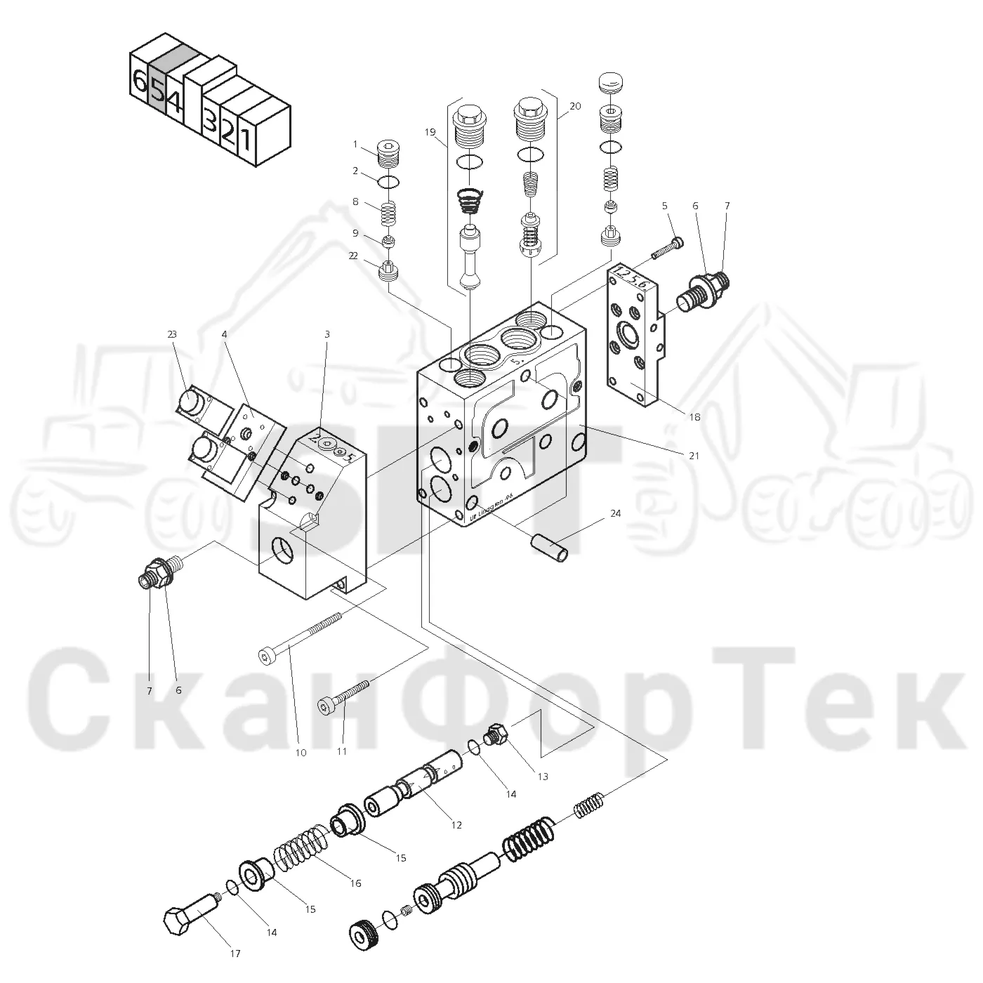 Схема: Valmet / Лесозаготовительные машины / Valmet 901.3 / Valmet 901.3 Ch -311190 / Valmet 901.3 Ch -311190 / Каталог запасных частей / Лесозаготовительное оборудование / Головка лесозаготовительной машины / Valmet 945.1 / Valmet 945.1 / Каталог запасных частей / Гидравлический клапан / Клапан 5, пила отрезная