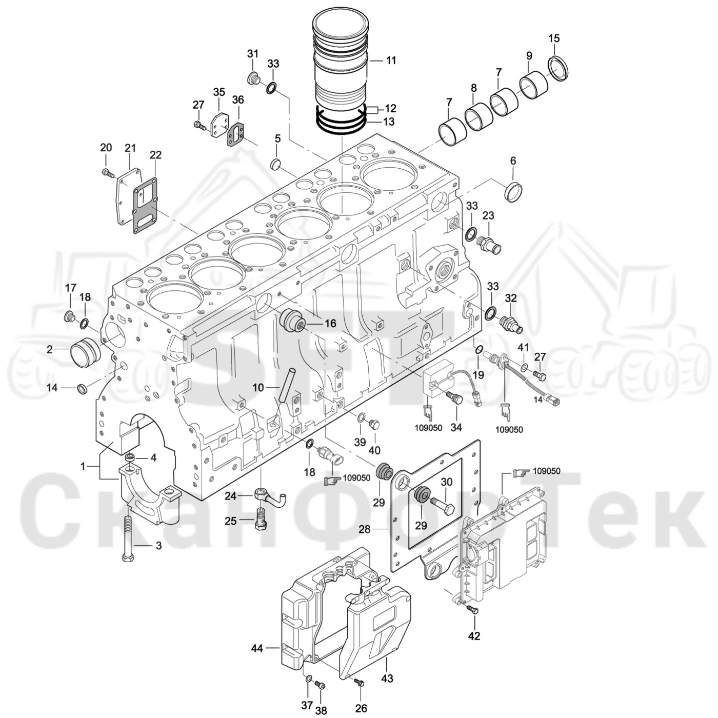 Схема: Komatsu / Лесозаготовительные машины / 901TX / Каталог запасных частей / Двигатель / Блок двигателя / Блок цилиндров