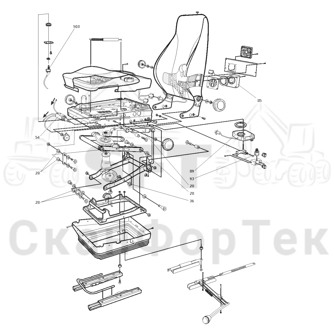 Схема: Valmet / Форвардер / Valmet 840.1 / Valmet 840.1 / Каталог запасных частей / Кабина / Сиденья / Сиденье Be-Ge / Запасные части сиденья BE-GE