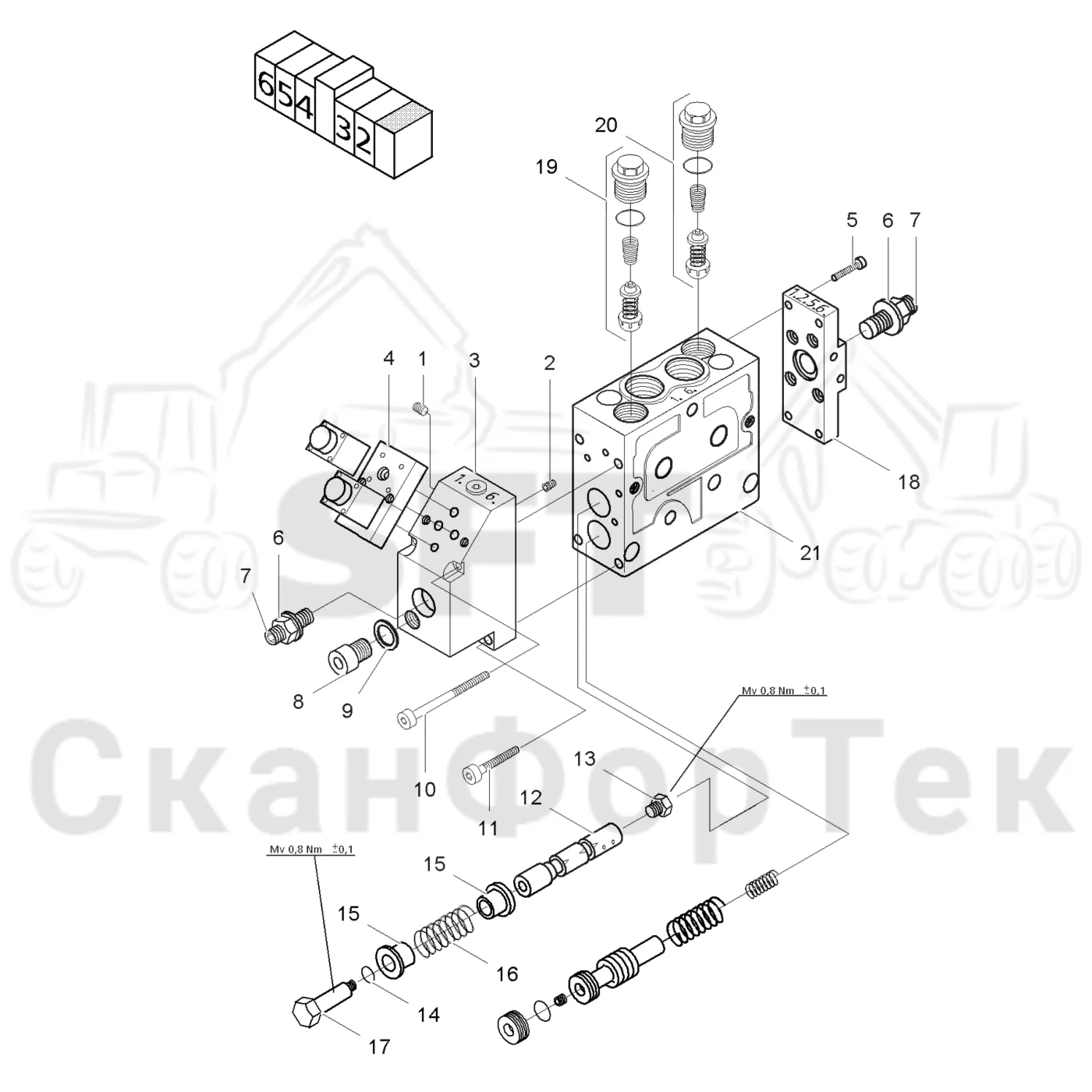 Схема: Valmet / Лесозаготовительные машины / Valmet 901.1 / Valmet 901.1 / Каталог запасных частей / Лесозаготовительное оборудование / Головка лесозаготовительной машины / Valmet 945.1 / Valmet 945.1 / Каталог запасных частей / Гидравлический клапан / Клапан 6, ролики открывания-закрывания