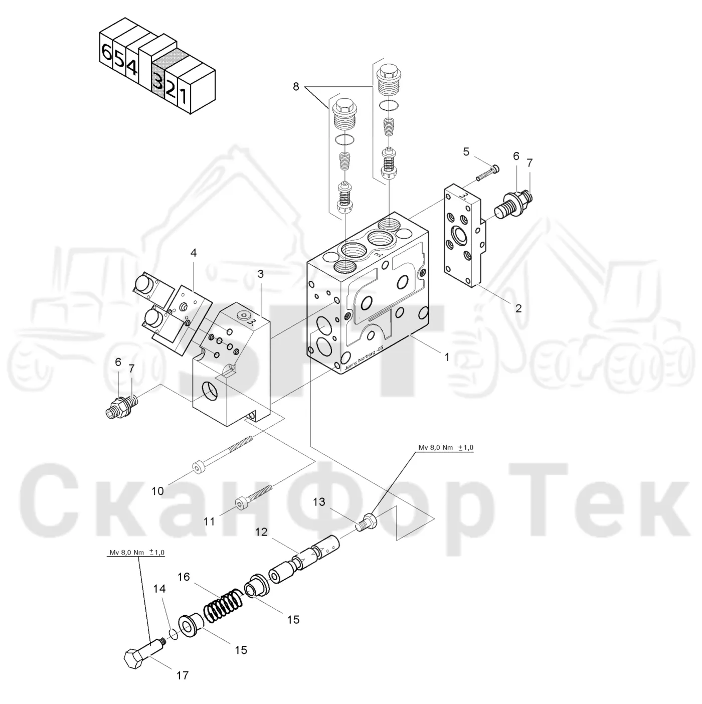 Схема: Valmet / Форвардер / Valmet 890.1 / Valmet 890.1  Ch. -117350, -119440 / Valmet 890.1  Ch. -117350, -11 / Каталог запасных частей / Оборудование захвата / Захват / Valmet 901.2 Ch. -211060 / Каталог запасных частей / Лесозаготовительное оборудование / Головка лесозаготовительной машины / Valmet 945.1 / Valmet 945.1 / Каталог запасных частей / Гидравлический клапан / Клапан 3, питающий