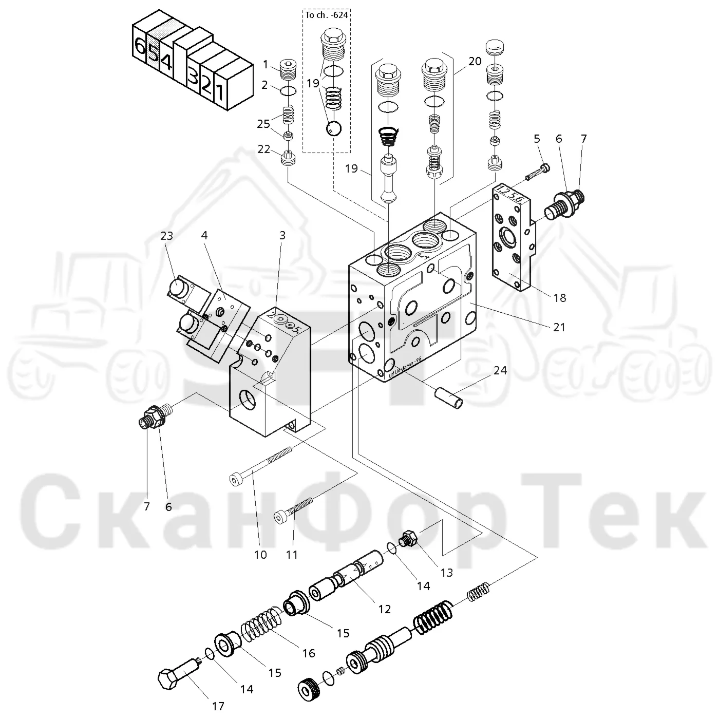 Схема: Valmet / Головки лесозаготовительной машины / Valmet 960 / Valmet 960 / Каталог запасных частей / Valmet 960 / Гидравлический клапан / Клапан, отрезная пила