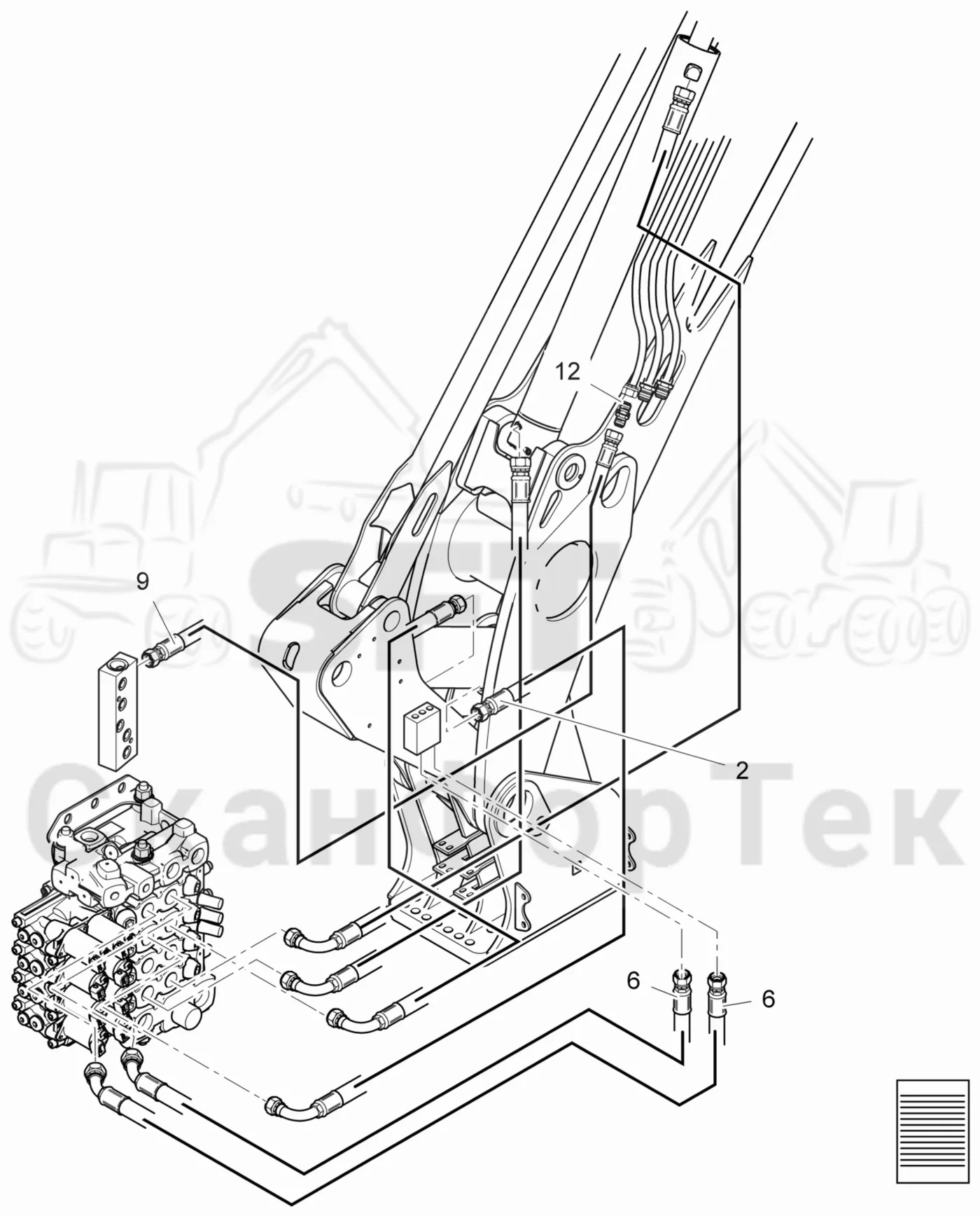 Схема: Komatsu / Лесозаготовительные машины / 901.4 / Каталог запасных частей / Подъемный кран / Подвод шланга