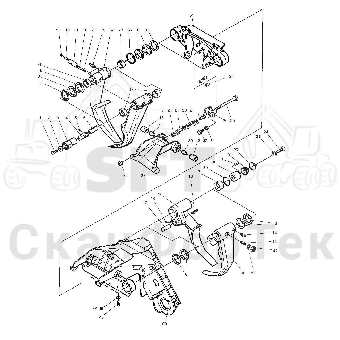 Схема: Valmet / Головки лесозаготовительной машины / Valmet 965 S2 / Valmet 965 S2 / Valmet 965 / Каталог запасных частей / Обрезка сучьев / Сучкорезные ножи шасси -126