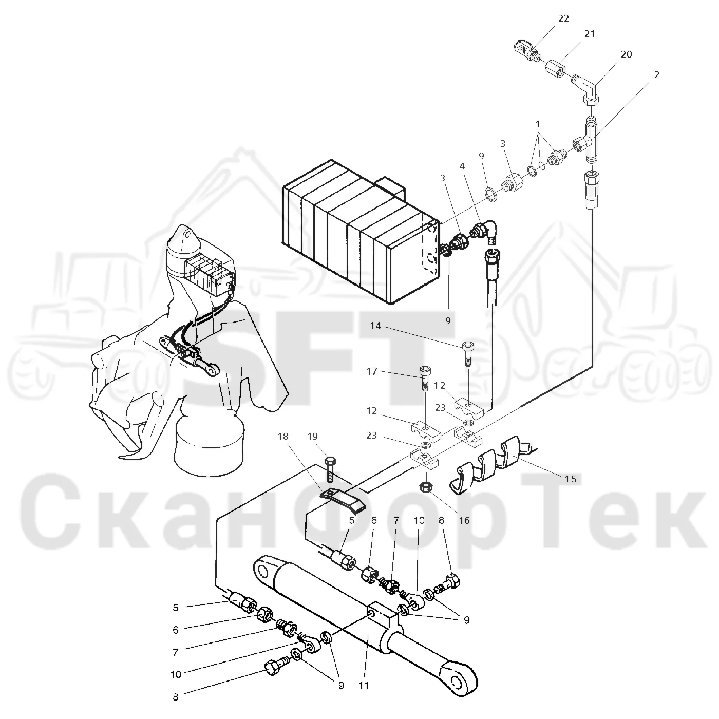 Схема: Valmet / Лесозаготовительные машины / Valmet 911.1 / Valmet 911.1 Ch 113011- / Valmet 911.1 Ch 113011- / Каталог запасных частей / Лесозаготовительное оборудование / Головка лесозаготовительной машины / Valmet 965 S2 / Valmet 965 / Каталог запасных частей / Обрезка сучьев / Гидравлический привод сучкорезного ножа