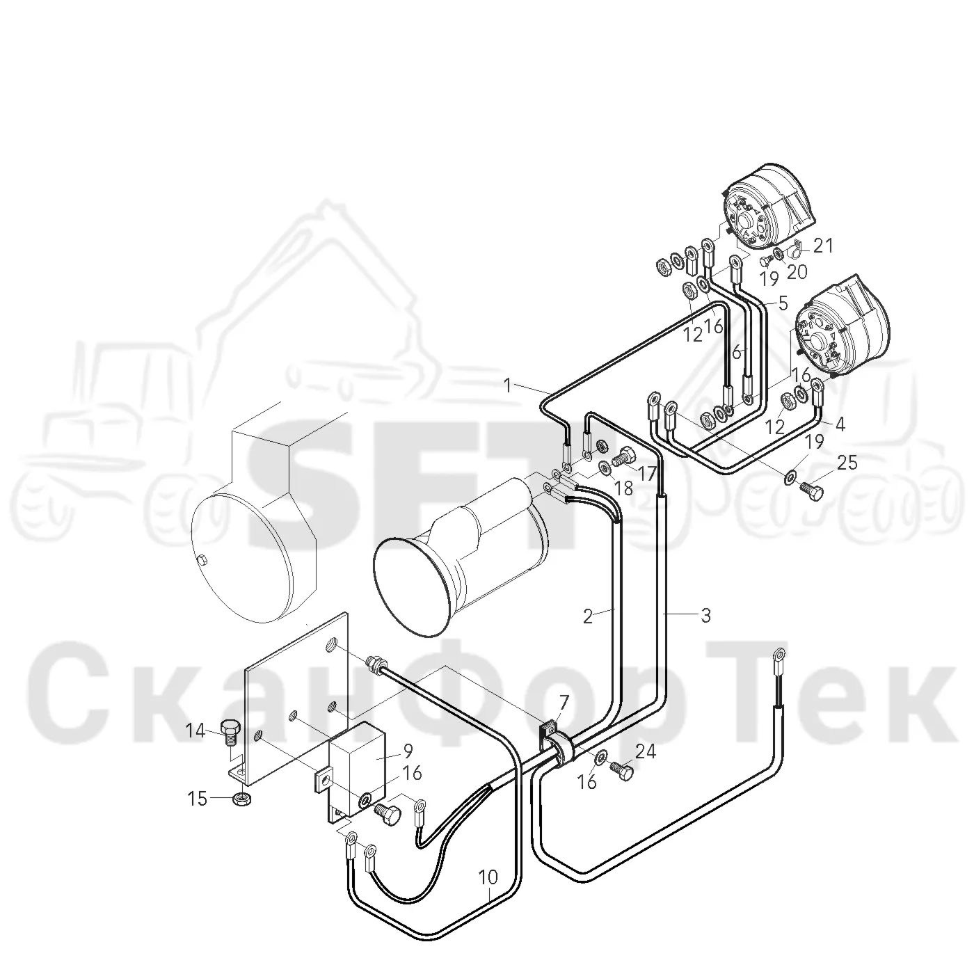 Схема: Valmet / Форвардер / Valmet 830 / Valmet 830 / Каталог запасных частей / Оборудование захвата / Захват / Valmet 801c Ch -11730 / Каталог запасных частей / Двигатель / Электродвигатель стартера / Комплект электрооборудования электродвигателя стартера