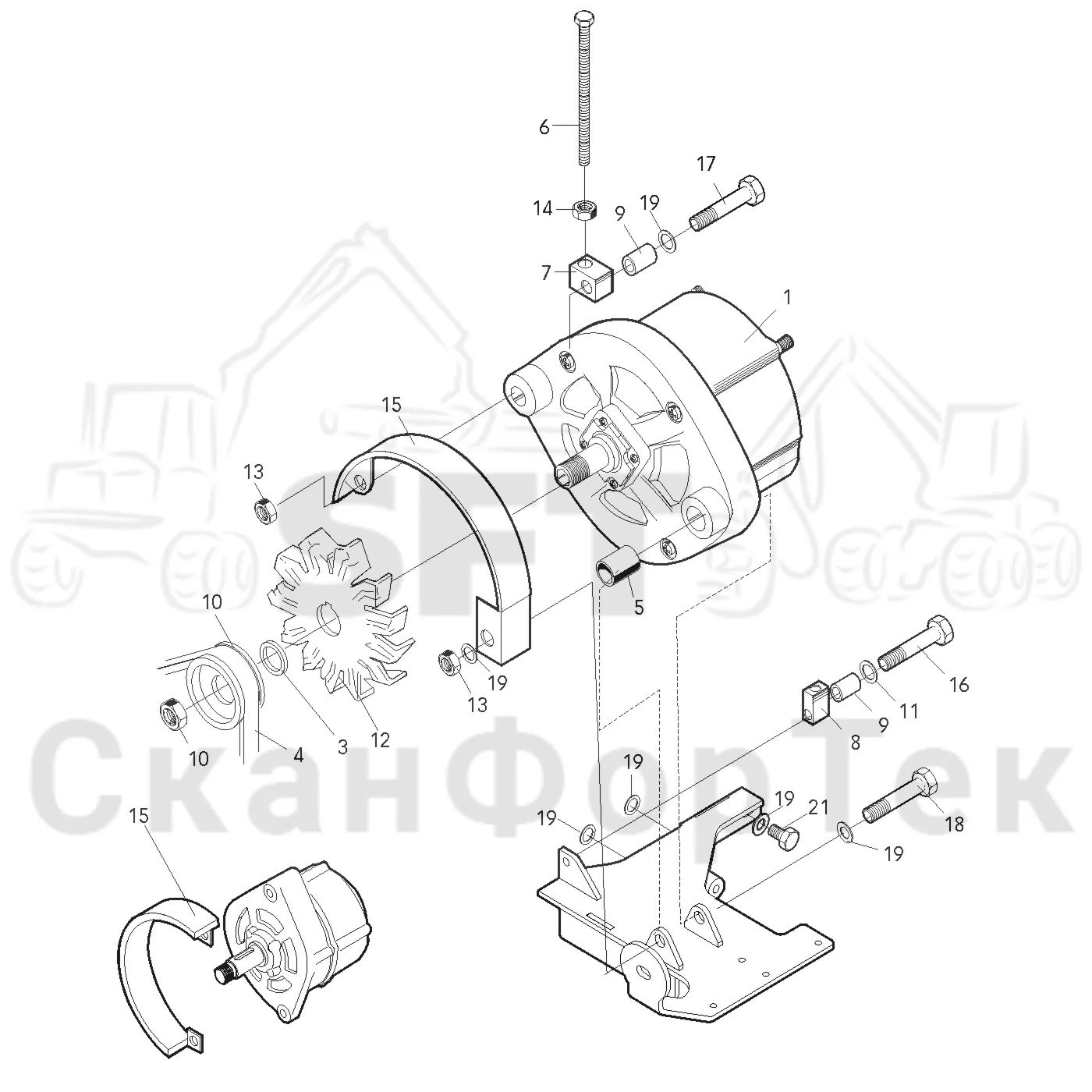 Схема: Valmet / Форвардер / Valmet 840.1 / Valmet 840.1 / Каталог запасных частей / Оборудование захвата / Захват / Valmet 801c Ch -11730 / Каталог запасных частей / Двигатель / Генератор переменного тока / Генератор переменного тока верхний