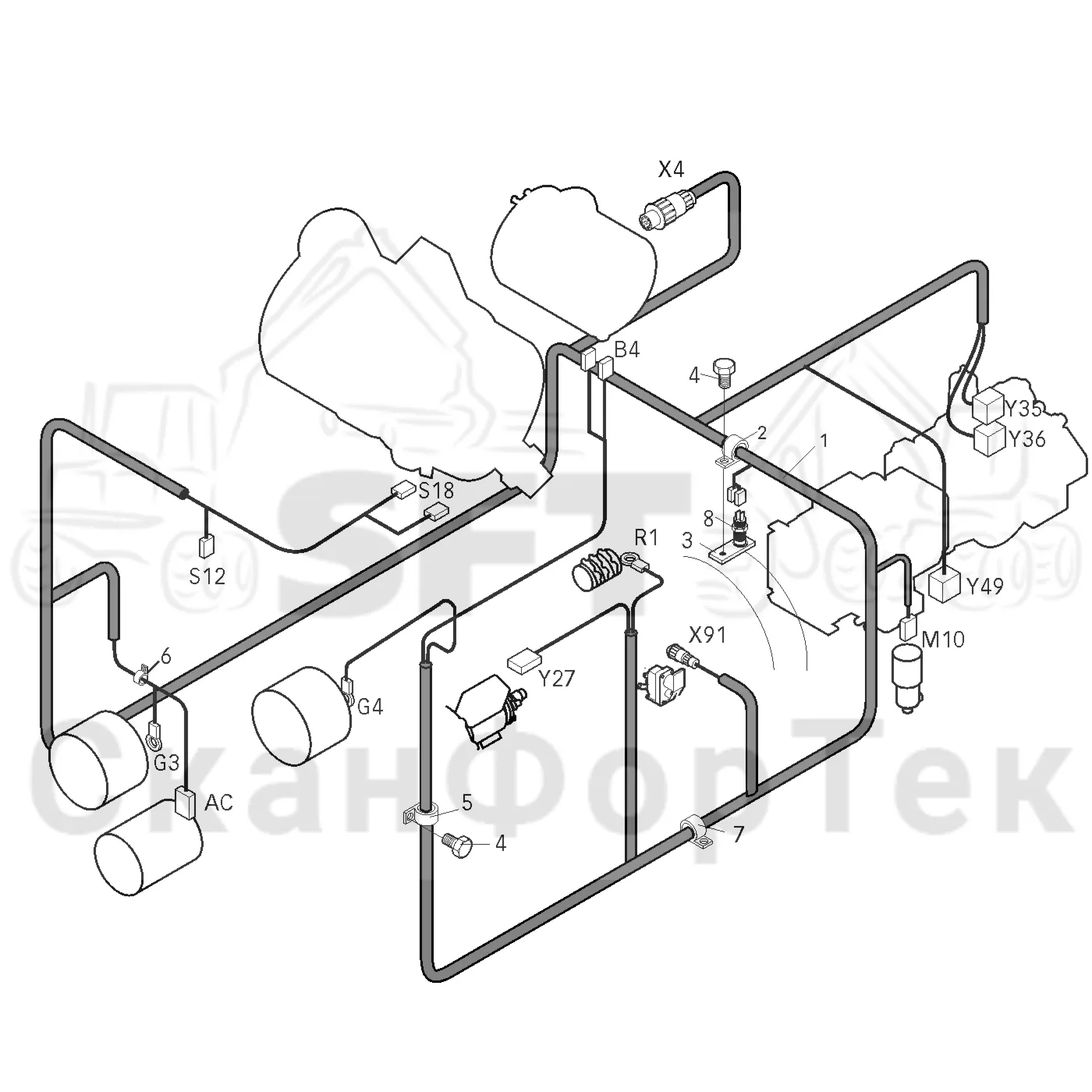 Схема: Valmet / Форвардер / Valmet 840.1 / Valmet 840.1 / Каталог запасных частей / Оборудование захвата / Захват / Valmet 801c Ch -11730 / Каталог запасных частей / Двигатель / Комплект электрооборудования / Комплект кабелей двигателя
