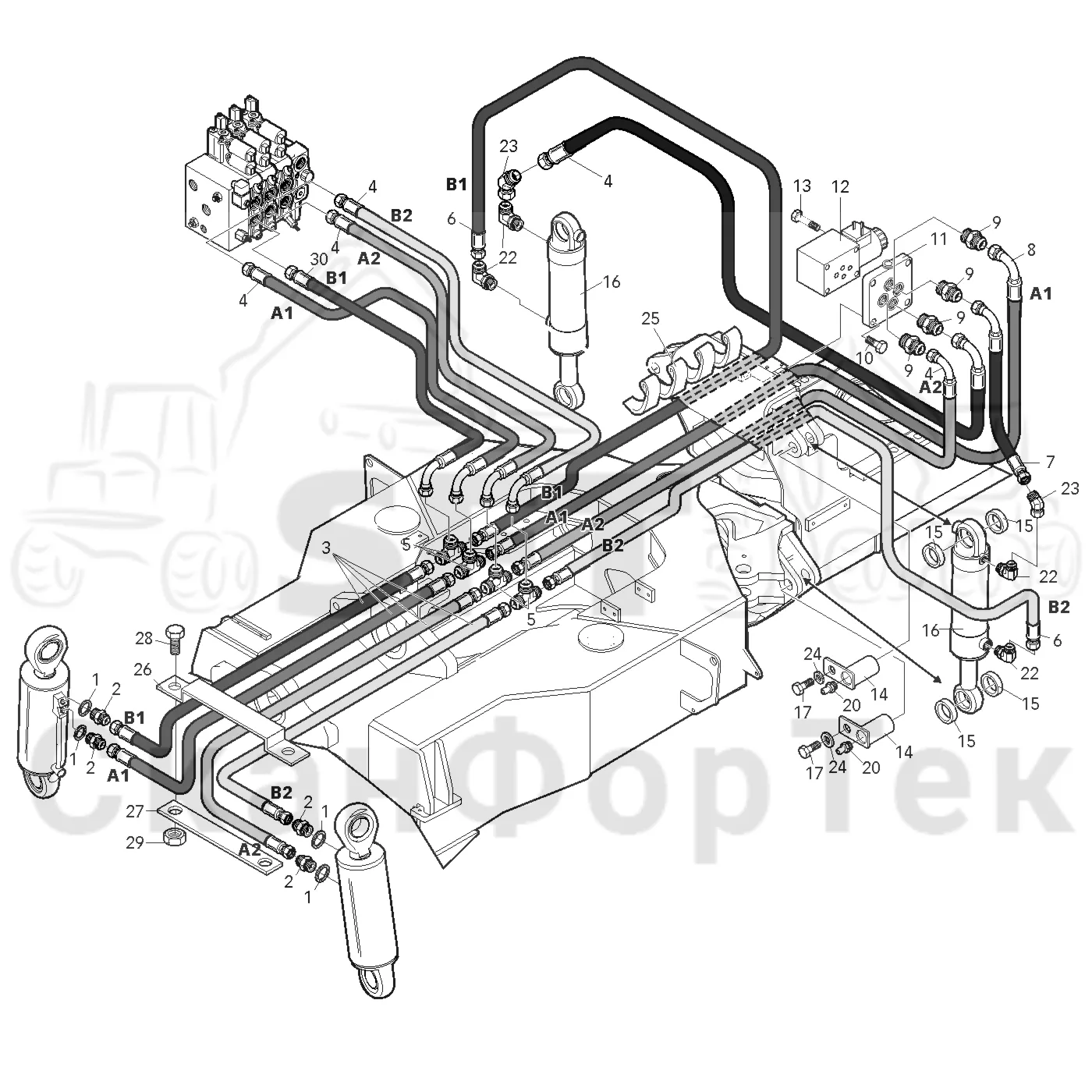 Схема: Valmet / Форвардер / Valmet 840.1 / Valmet 840.1 / Каталог запасных частей / Оборудование захвата / Захват / Valmet 801c Ch -11730 / Каталог запасных частей / шасси / Стабилизация / Гидравлическое оборудование стабилизации