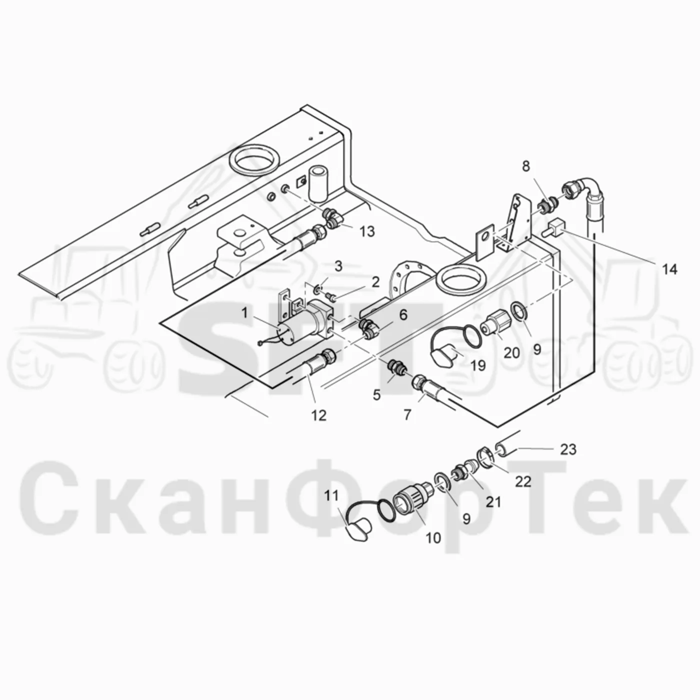 Схема: Valmet / Лесозаготовительные машины / Valmet 901.4 / Valmet 901.4 / Каталог запасных частей / Двигатель / Топливная система / Топливозаправка электронасосом
