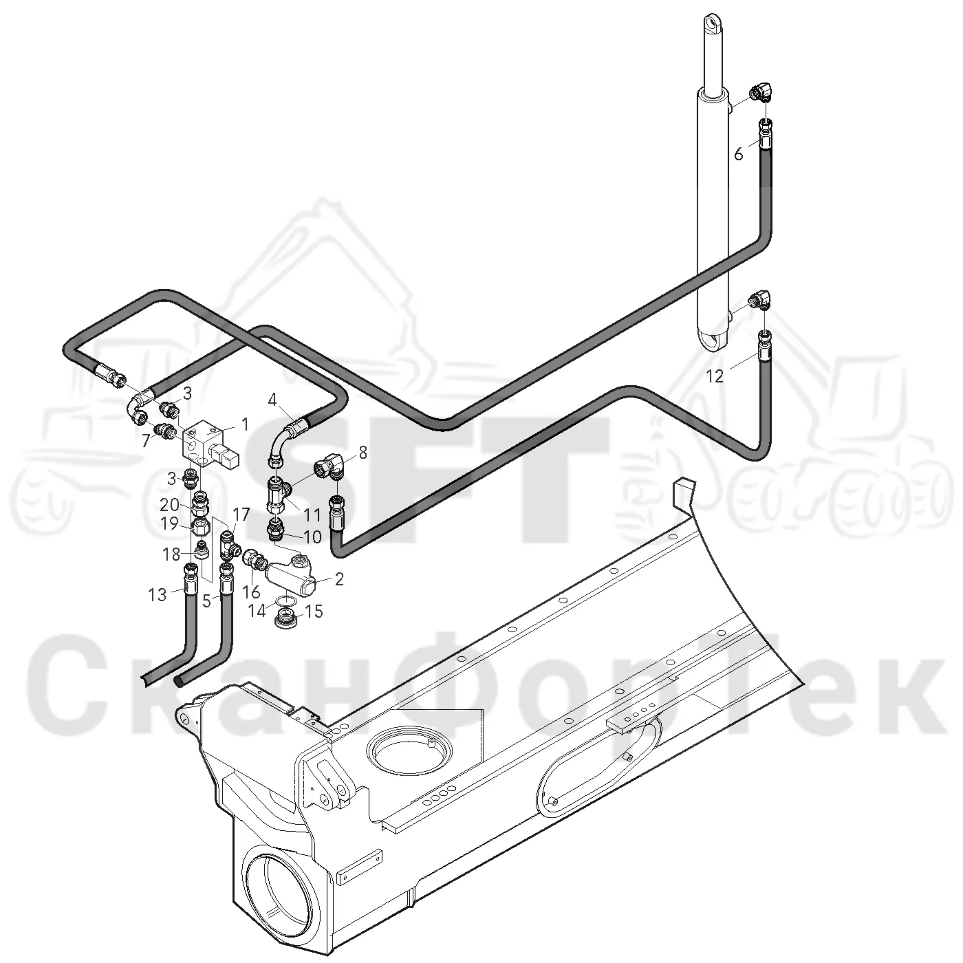 Схема: Valmet / Форвардер / Valmet 840.2 / Valmet 840.2 Ch. -211120 / Valmet 840.2 Ch. -211120 / Каталог запасных частей / Оборудование захвата / Захват / Valmet 801c Ch -11730 / Каталог запасных частей / шасси / Зона погрузки / Gate hydraulic crossload, valve