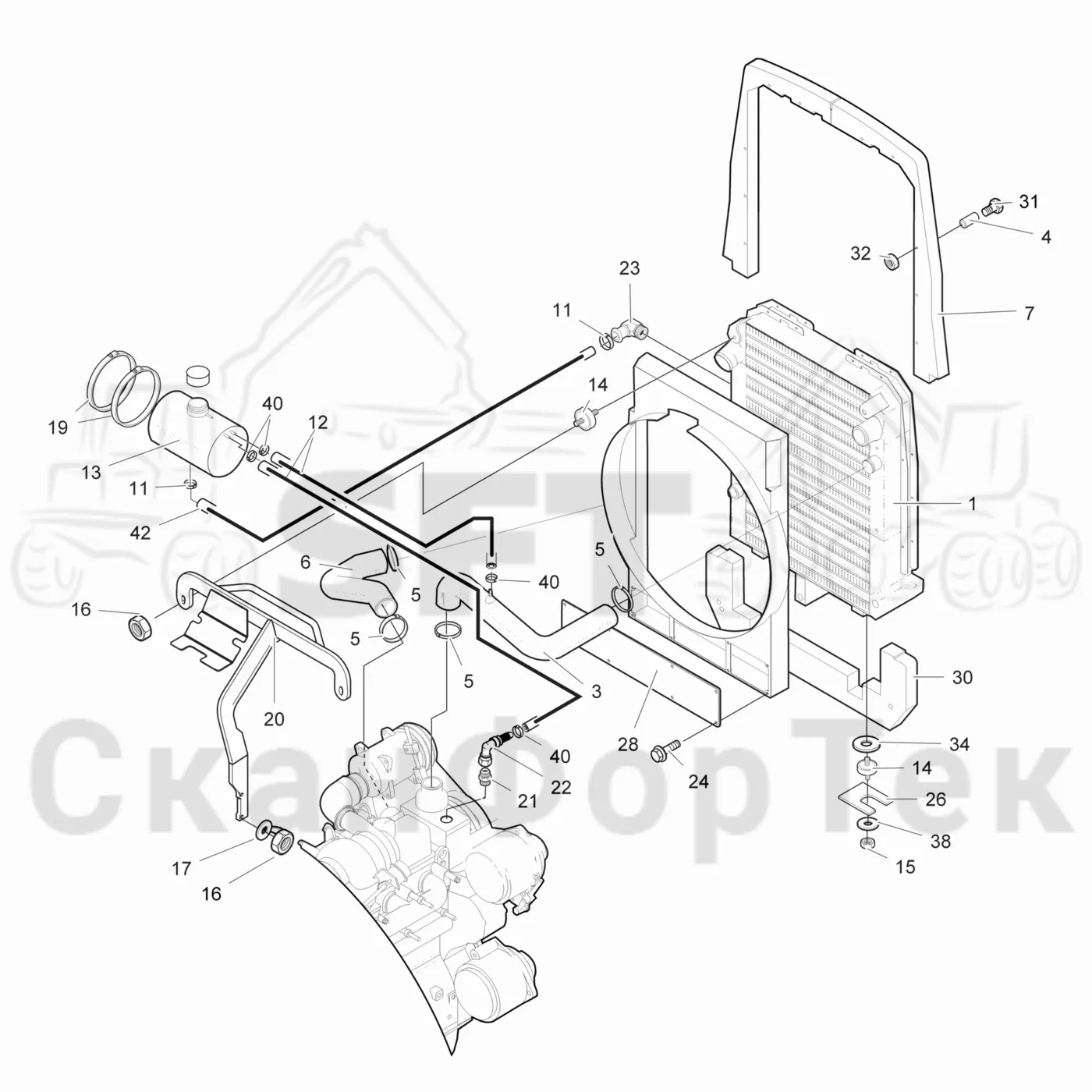 Схема: Valmet / Лесозаготовительные машины / Valmet 901.3 / Valmet 901.3 Ch. 311191- / Valmet 901.3 Ch. 311191- / Каталог запасных частей / Двигатель / Двигатель -311345 / Система охлаждения / Система охлаждения двигателя