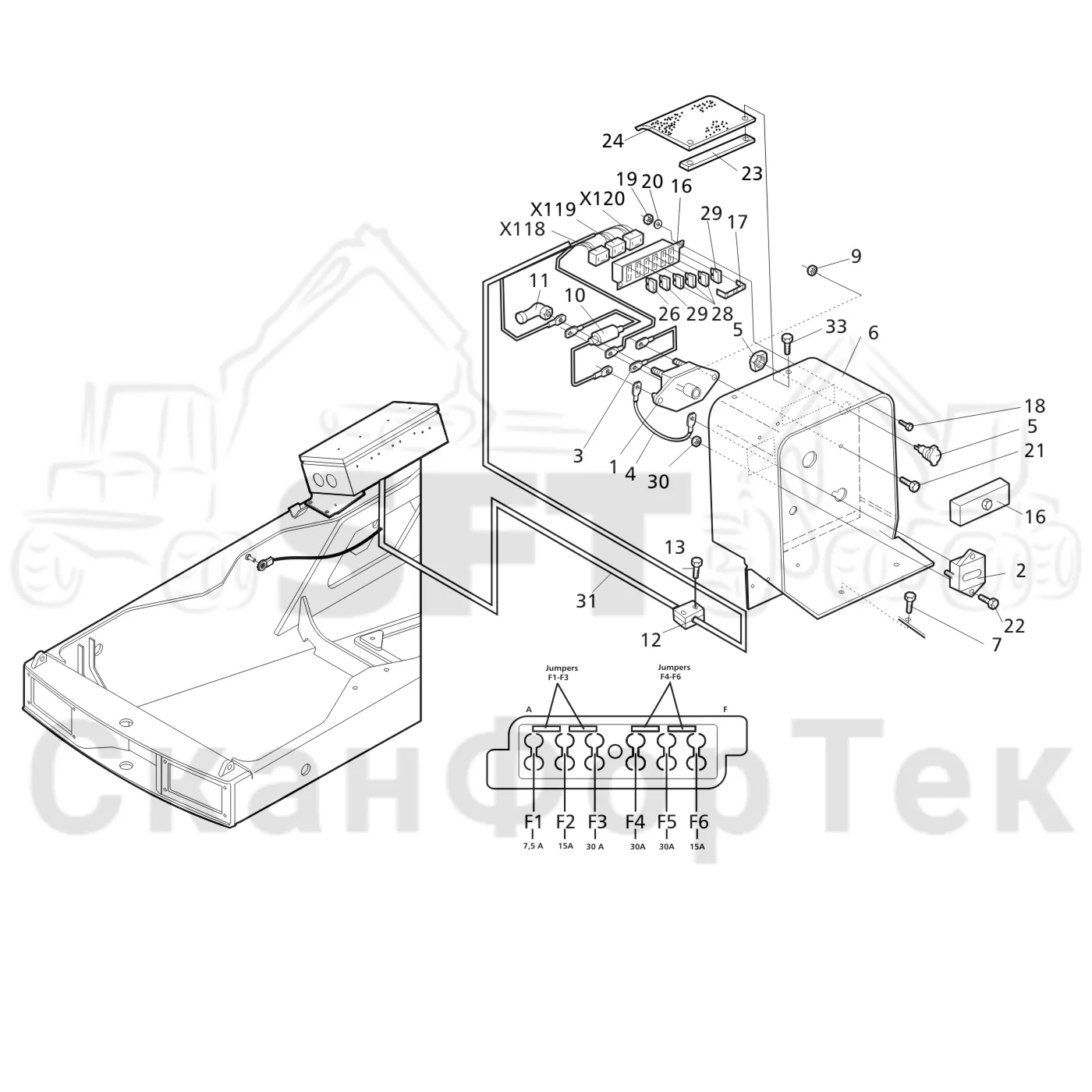 Схема: Valmet / Форвардер / Valmet 840.1 / Valmet 840.1 / Каталог запасных частей / Оборудование захвата / Захват / Valmet 801c Ch -11730 / Каталог запасных частей / шасси / Электрический Оборудование / Разъединитель аккумуляторной батареи