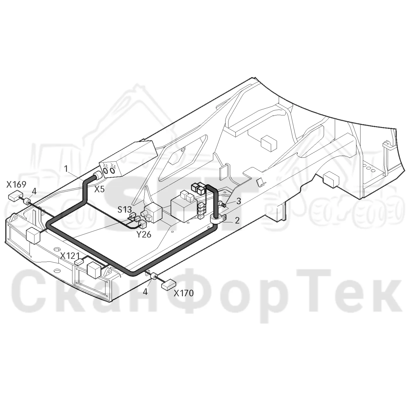 Схема: Valmet / Лесозаготовительные машины / Valmet 801 c / Valmet 801c Ch -11730 / Valmet 801c Ch -11730 / Каталог запасных частей / шасси / Электрический Оборудование / Комплект кабелей передней рамы
