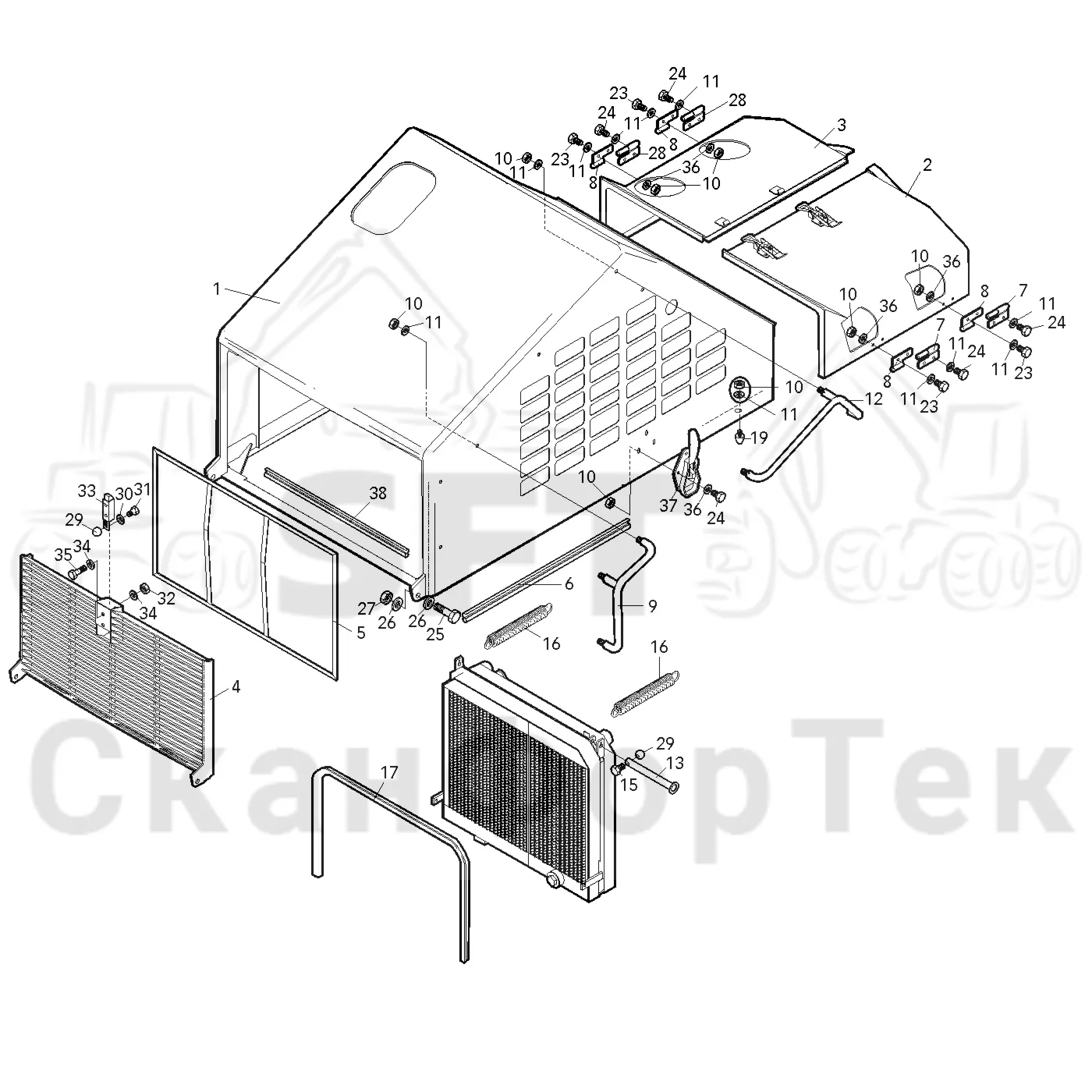 Схема: Valmet / Форвардер / Valmet 840.3 / Valmet 840.3 Ch. -311173 / Valmet 840.3 Ch. -311173 / Каталог запасных частей / Оборудование захвата / Захват / Valmet 801c Ch -11730 / Каталог запасных частей / шасси / Капоты / Капот двигателя Крышка