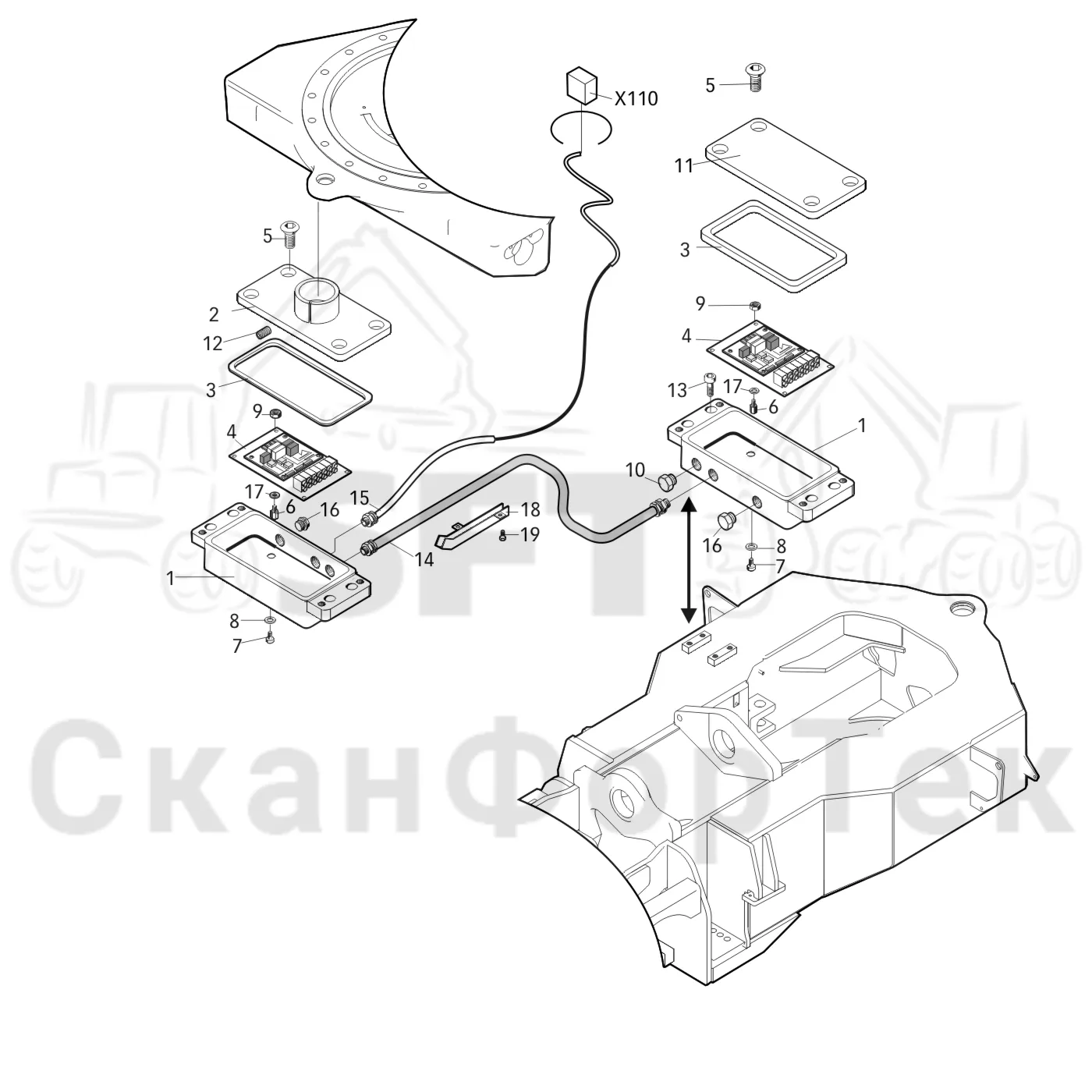 Схема: Valmet / Форвардер / Valmet 840.1 / Valmet 840.1 / Каталог запасных частей / Оборудование захвата / Захват / Valmet 801c Ch -11730 / Каталог запасных частей / шасси / Автовыравнивание / Датчик автовыравнивания