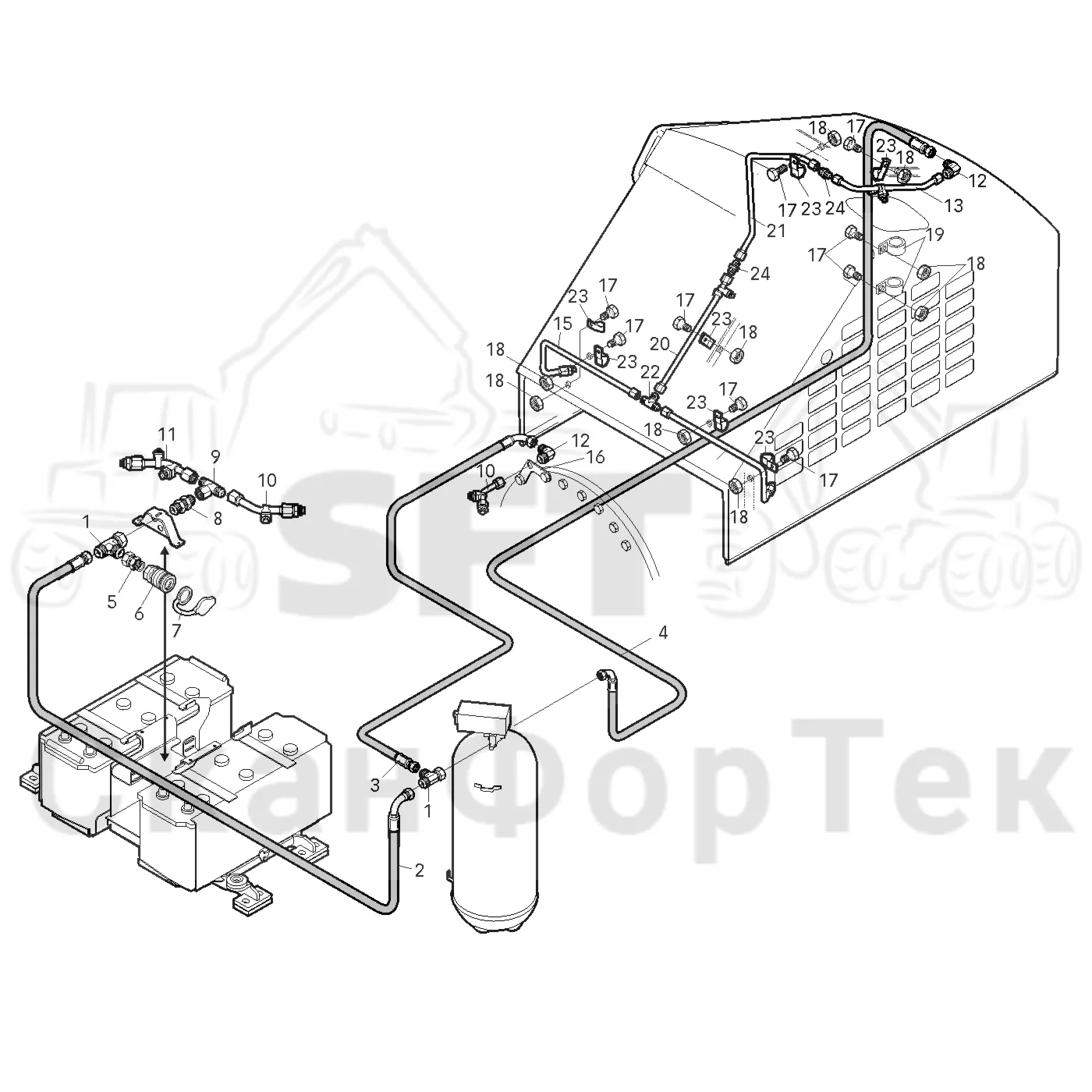 Схема: Valmet / Форвардер / Valmet 830 / Valmet 830 / Каталог запасных частей / Оборудование захвата / Захват / Valmet 801c Ch -11730 / Каталог запасных частей / шасси / Пожаротушение / Подвод шланга пожаротушения