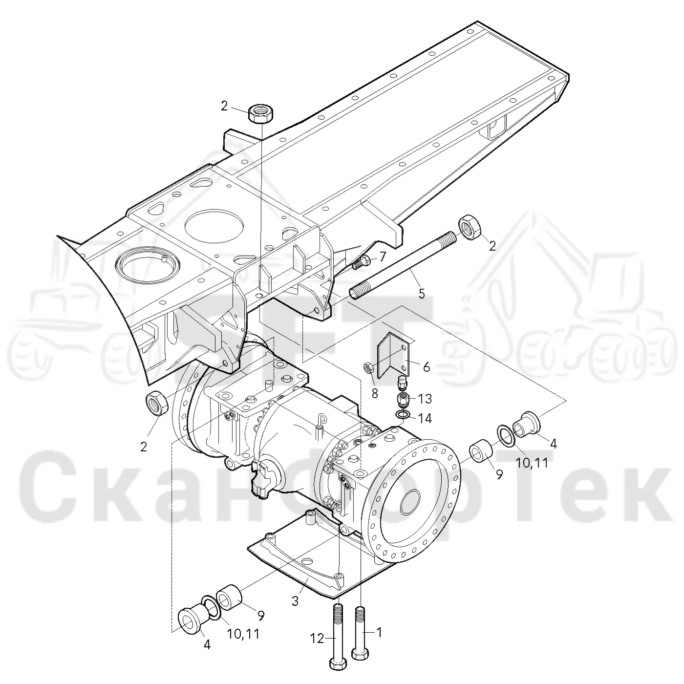 Схема: Valmet / Форвардер / Valmet 840.1 / Valmet 840.1 / Каталог запасных частей / Оборудование захвата / Захват / Valmet 801c Ch -11730 / Каталог запасных частей / Коробка передач / Мост каретки / Задний агрегат каретки