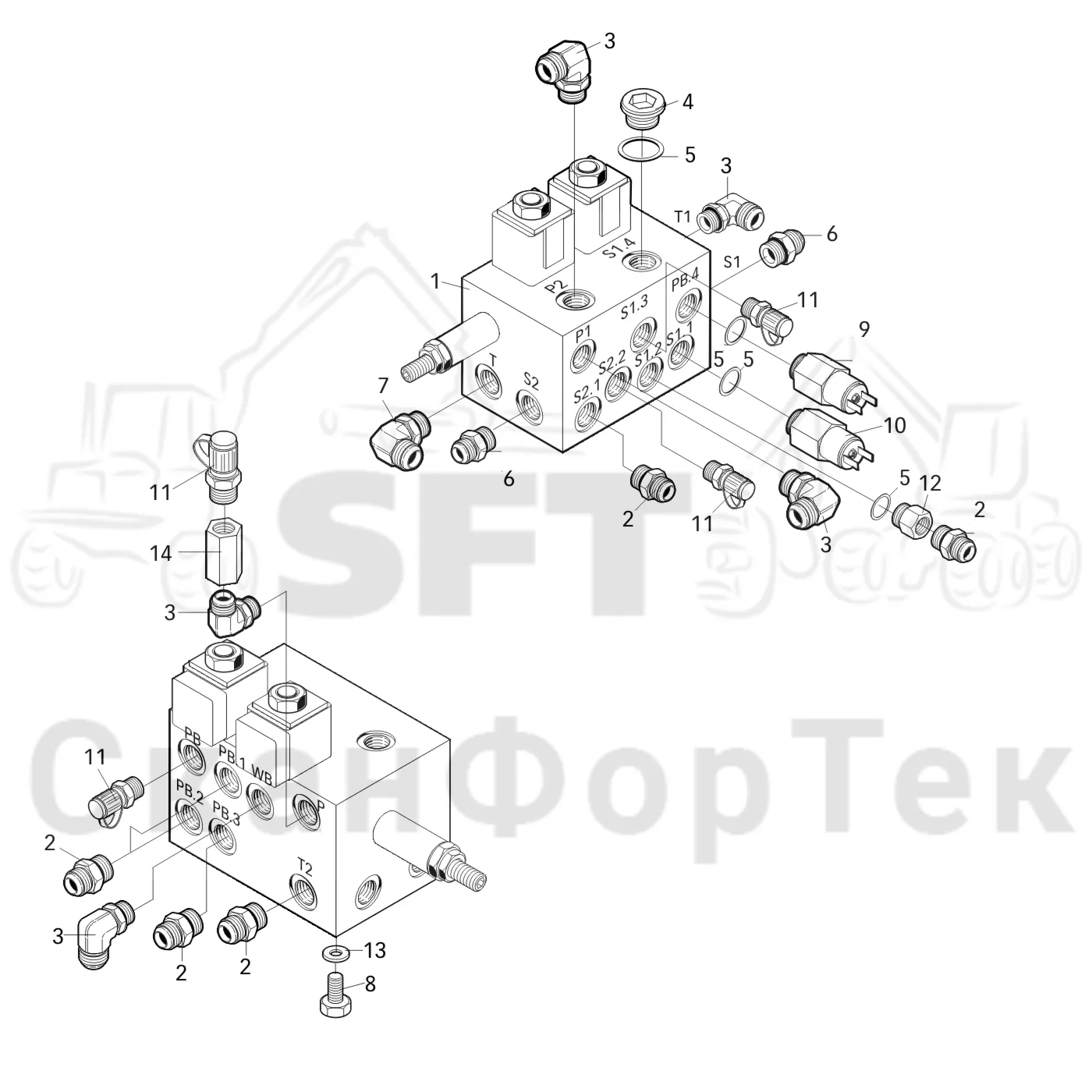 Схема: Valmet / Форвардер / Valmet 840.1 / Valmet 840.1 / Каталог запасных частей / Оборудование захвата / Захват / Valmet 801c Ch -11730 / Каталог запасных частей / Тормоза / Тормозная система / Блок клапанов, тормоза