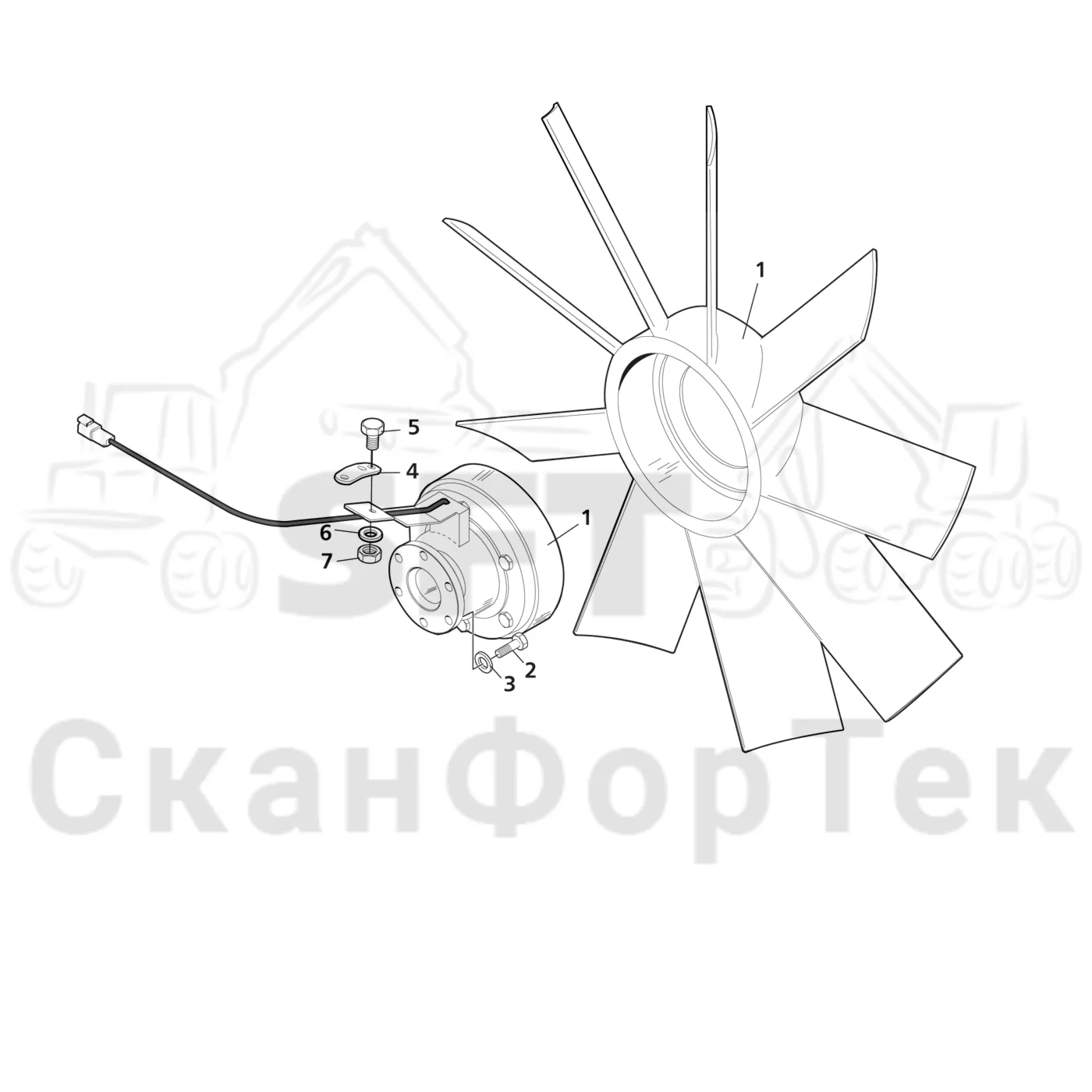 Схема: Komatsu / Лесозаготовительные машины / 901TX / Каталог запасных частей / Двигатель / Система охлаждения / Fan electric controlled