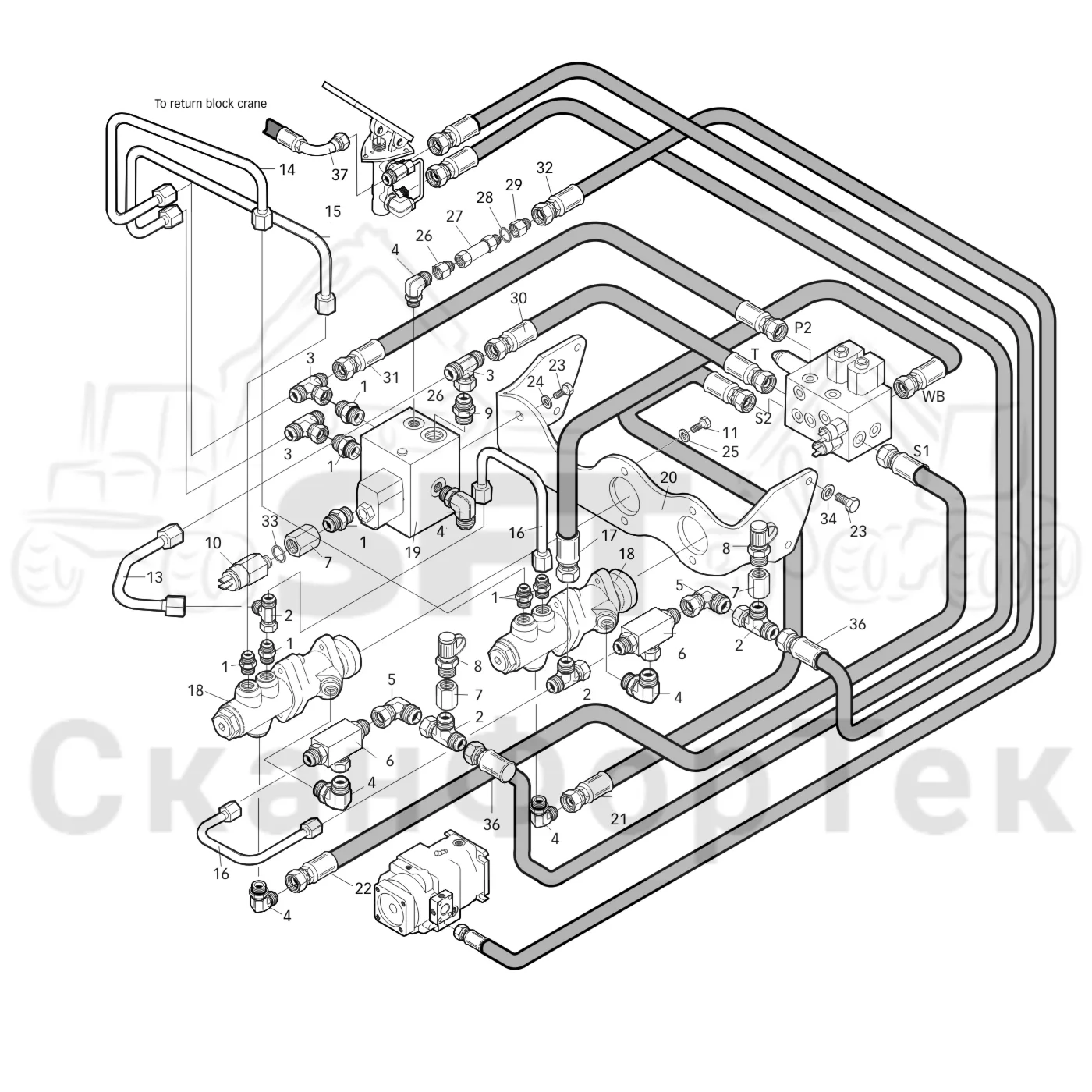 Схема: Valmet / Форвардер / Valmet 840.1 / Valmet 840.1 / Каталог запасных частей / Оборудование захвата / Захват / Valmet 801c Ch -11730 / Каталог запасных частей / Тормоза / Тормозная система / Гидравлический привод тормозного клапана