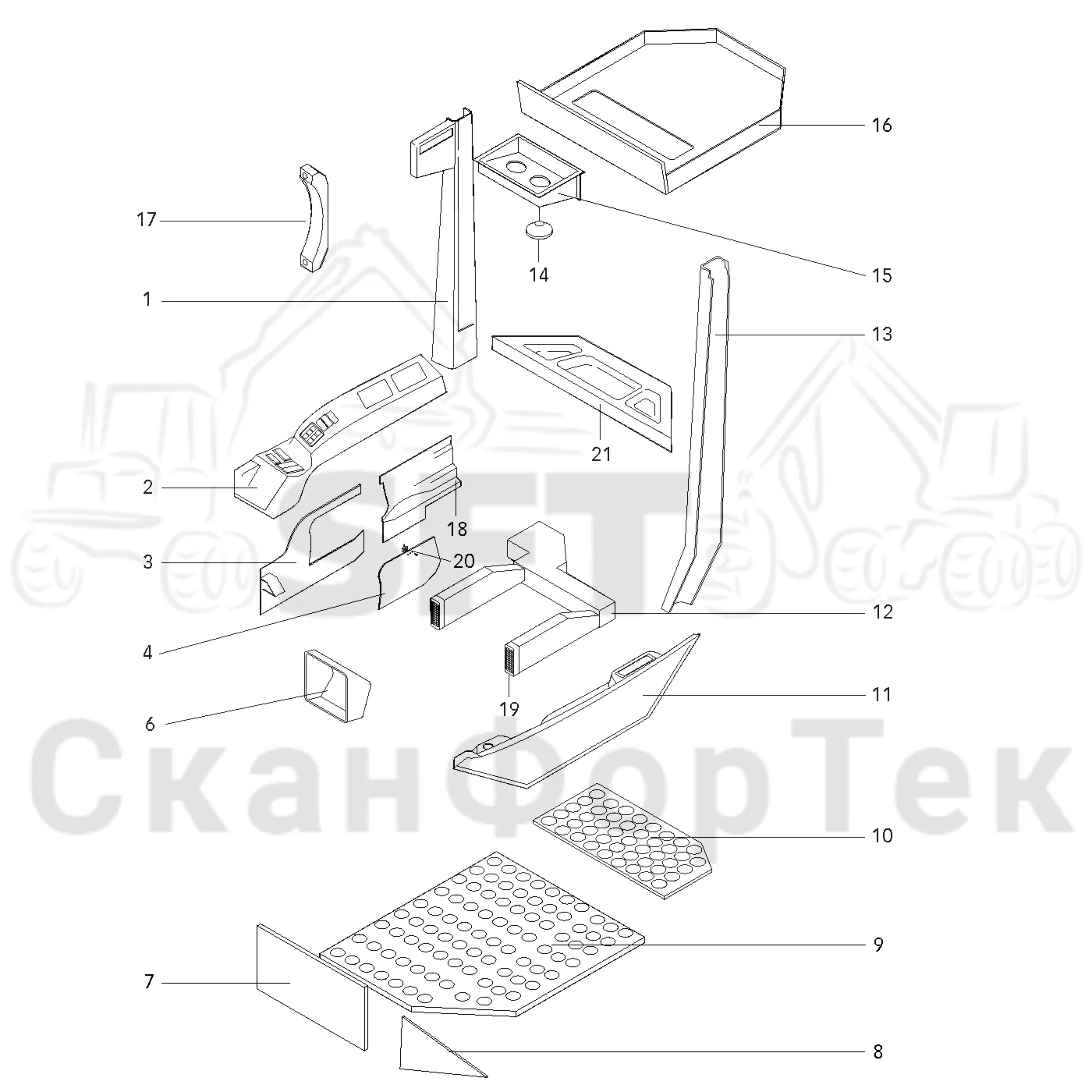 Схема: Valmet / Лесозаготовительные машины / Valmet 901.1 / Valmet 901.1 / Каталог запасных частей / Кабина / Салон / Элементы монтажа панели