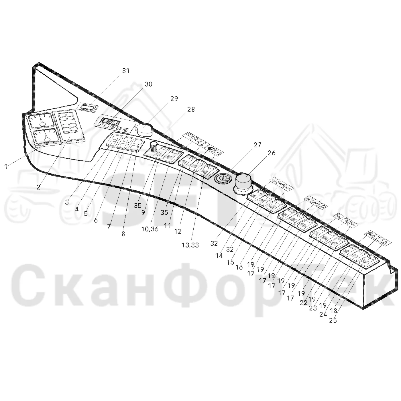 Схема: Valmet / Лесозаготовительные машины / Valmet 801 c / Valmet 801c Ch -11730 / Valmet 801c Ch -11730 / Каталог запасных частей / Кабина / Салон / Приборная панель