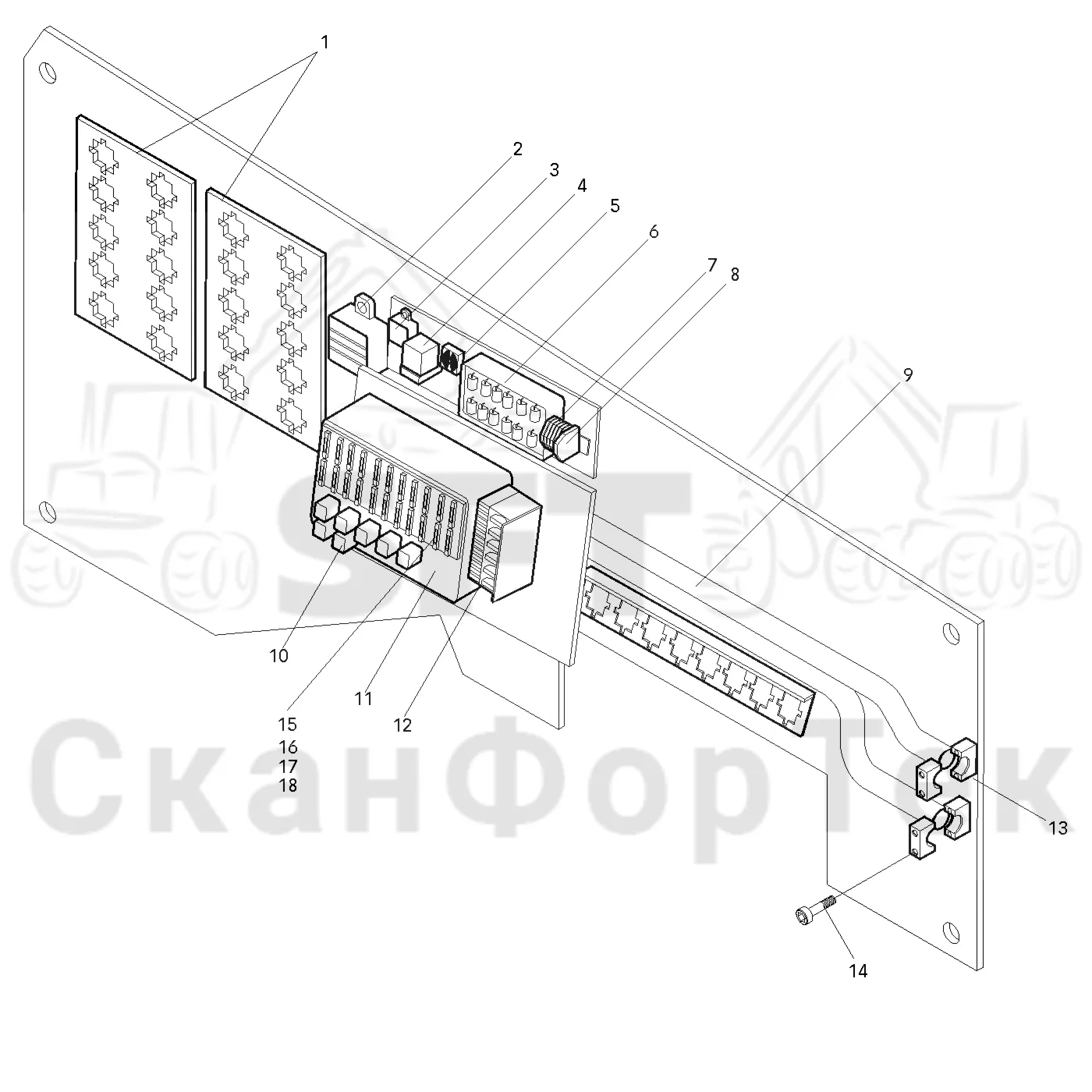 Схема: Valmet / Форвардер / Valmet 860.1 / Valmet 860.1 Ch. -115420 / Valmet 860.1 Ch. -115420 / Каталог запасных частей / Оборудование захвата / Захват / Valmet 801c Ch -11730 / Каталог запасных частей / Кабина / Салон / Запасные части, панель