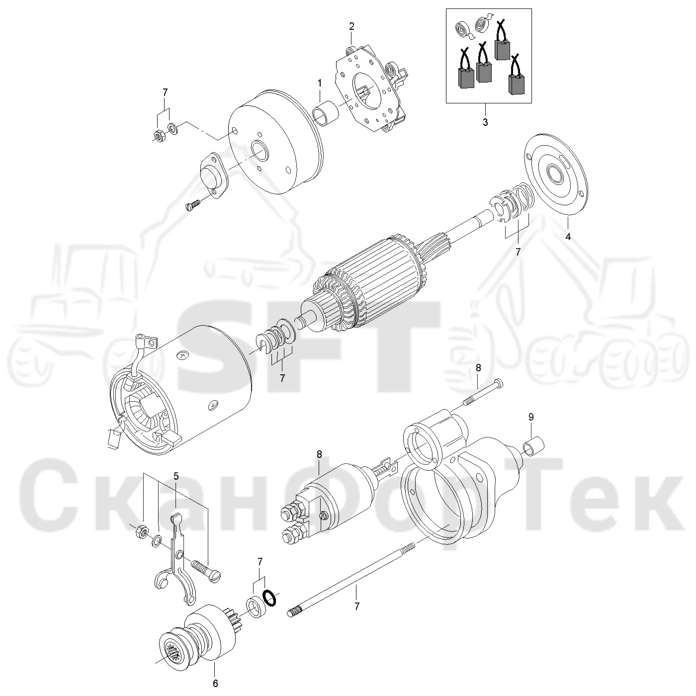 Схема: Valmet / Форвардер / Valmet 830.1 / Valmet 830.1 / Каталог запасных частей / Двигатель / Электродвигатель стартера / Запасные части электродвигателя стартера