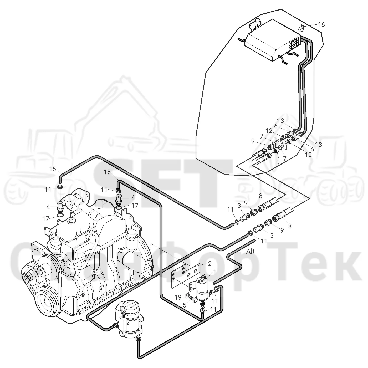 Схема: Valmet / Форвардер / Valmet 830 / Valmet 830 / Каталог запасных частей / Оборудование захвата / Захват / Valmet 801c Ch -11730 / Каталог запасных частей / Кабина / Система обогрева и охлаждения / Обогревание кабины