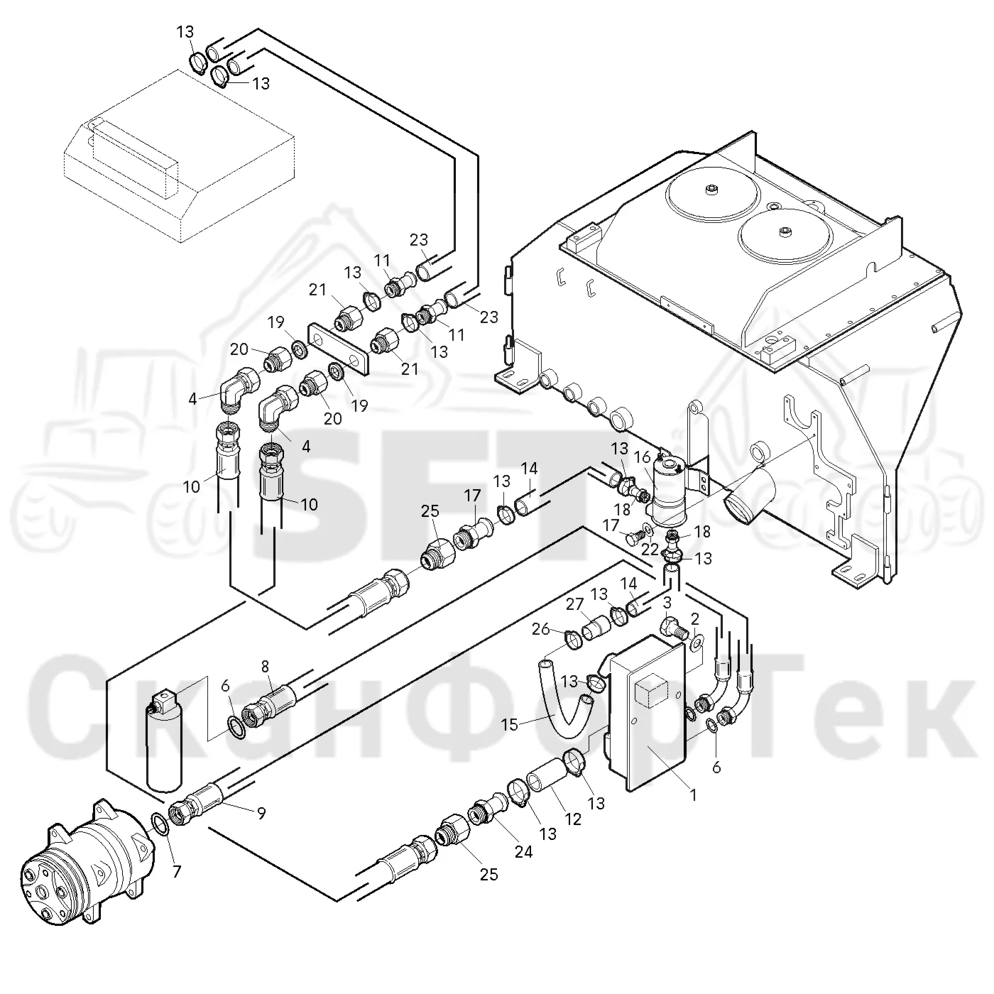 Схема: Valmet / Лесозаготовительные машины / Valmet 801 c / Valmet 801c Ch -11730 / Valmet 801c Ch -11730 / Каталог запасных частей / Кабина / Система обогрева и охлаждения / Охлаждение кабины