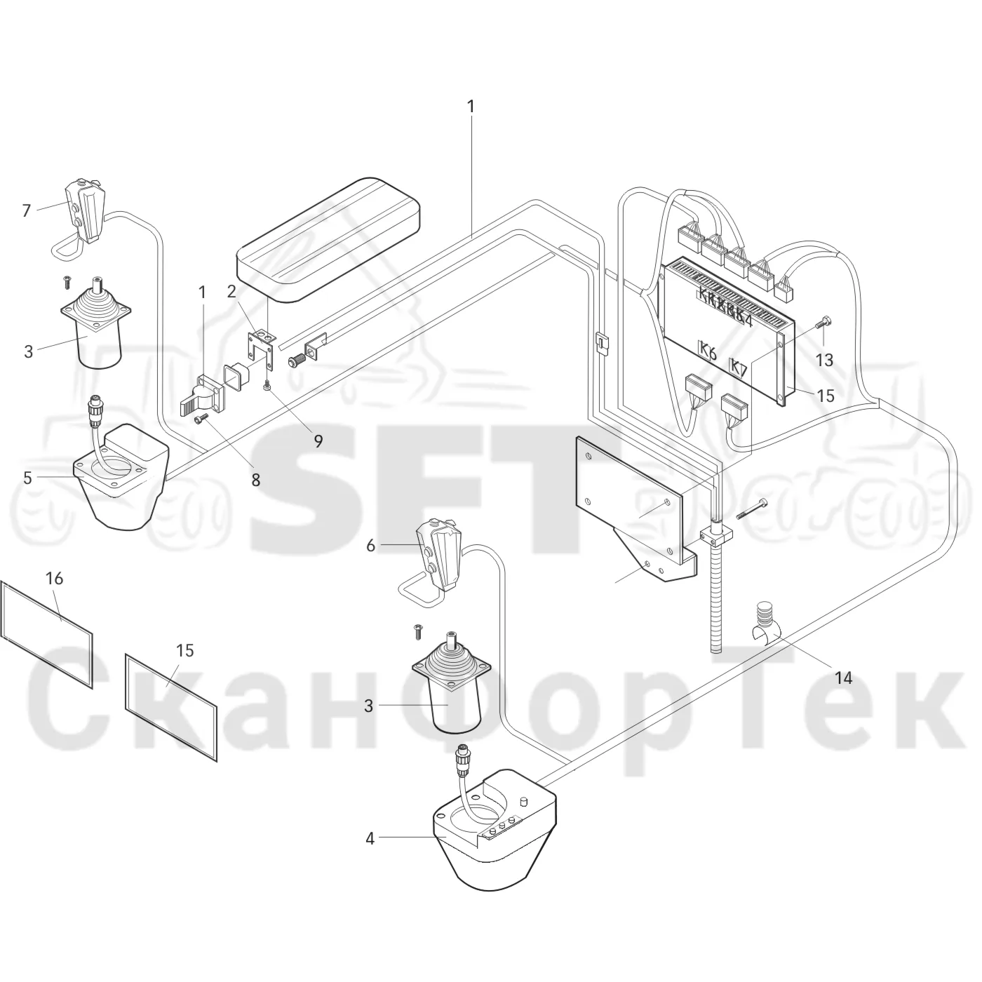 Схема: Valmet / Форвардер / Valmet 840.2 / Valmet 840.2 Ch. -211120 / Valmet 840.2 Ch. -211120 / Каталог запасных частей / Оборудование захвата / Захват / Valmet 801c Ch -11730 / Каталог запасных частей / Система управления / Регулятор / Рычаги электрооборудования