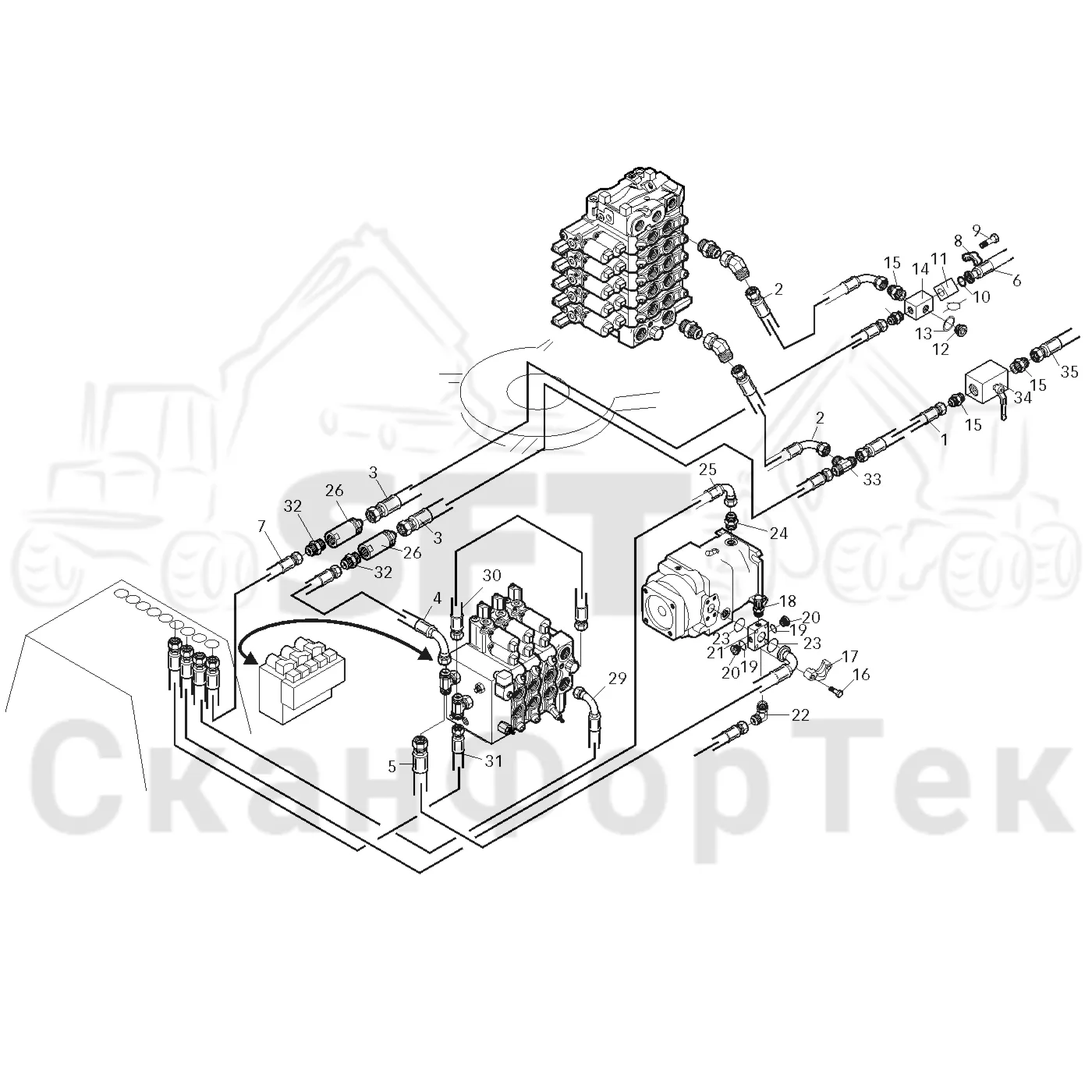 Схема: Valmet / Форвардер / Valmet 840.1 / Valmet 840.1 / Каталог запасных частей / Оборудование захвата / Захват / Valmet 801c Ch -11730 / Каталог запасных частей / Гидравлика / Клапан шасси / Система впуска-выпуска